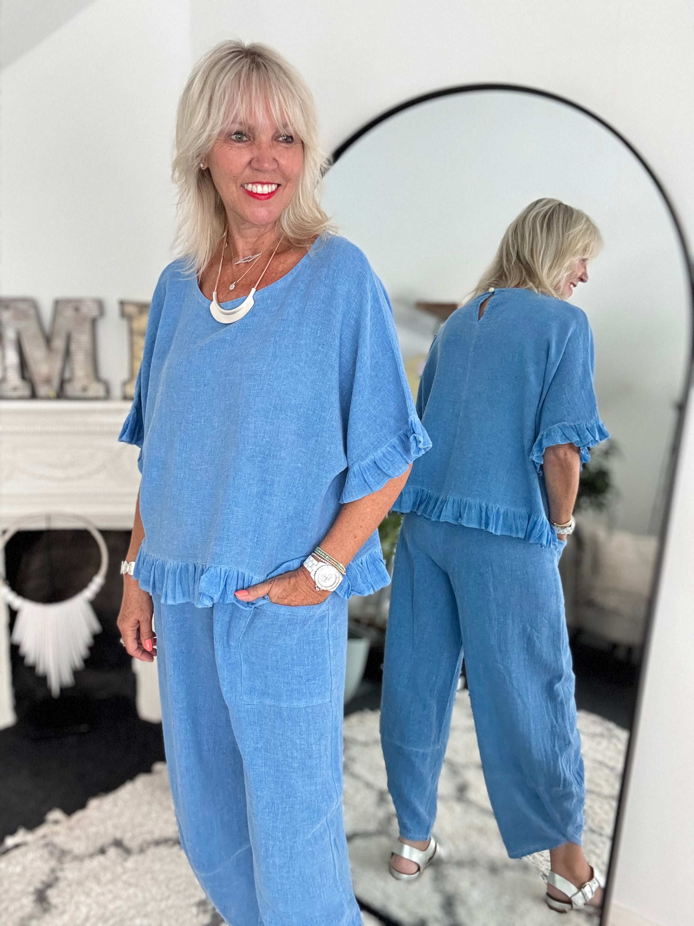 Linen & Cotton Ruffle Edge Top in Sky Blue