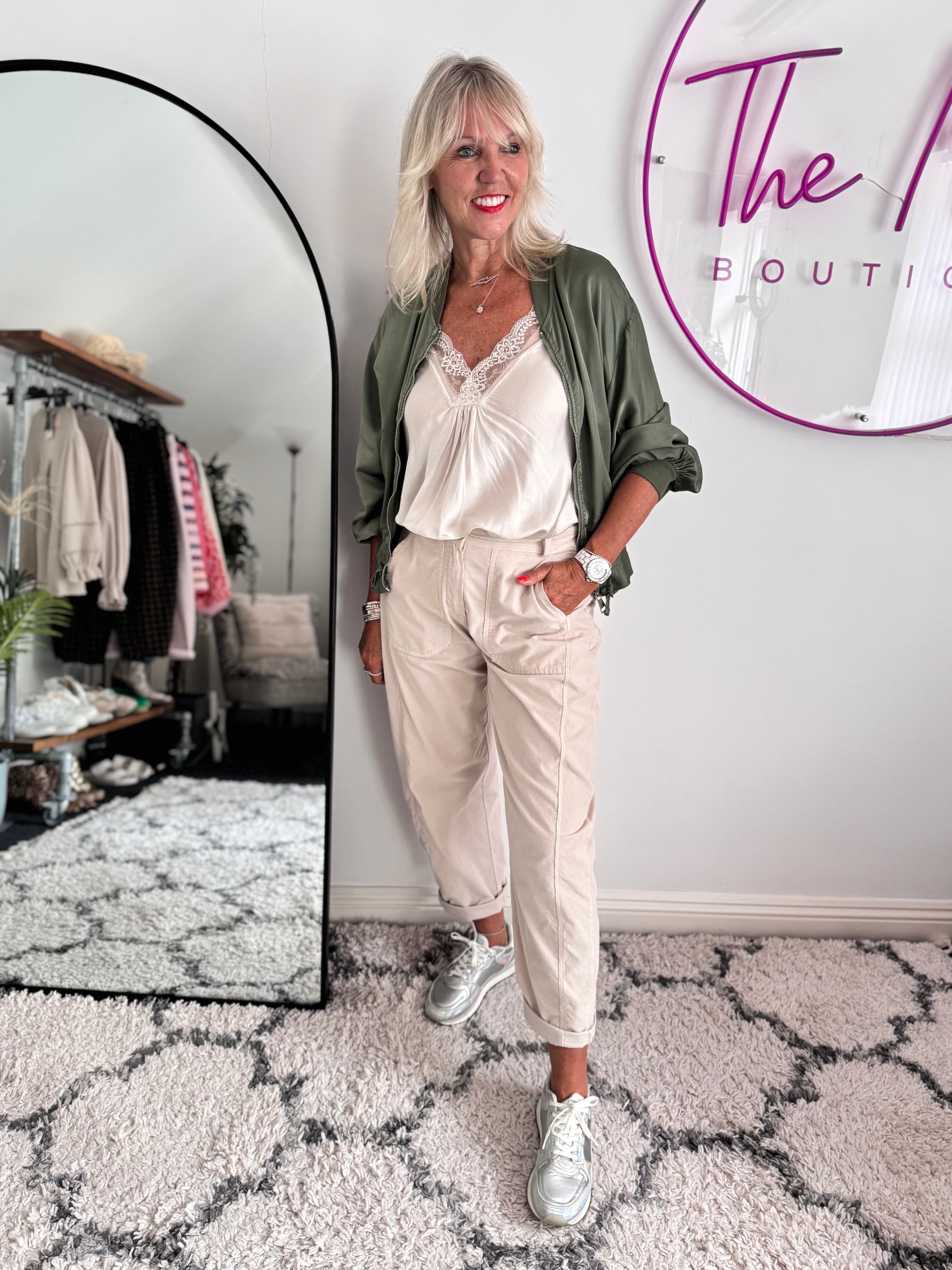 Soft Needlecord Barrel Trousers in Stone