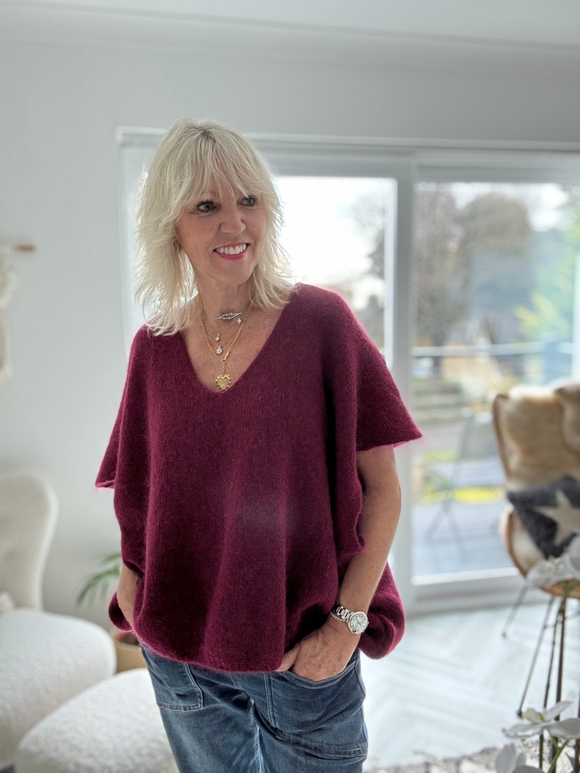 Mohair V Neck Tank in Wine