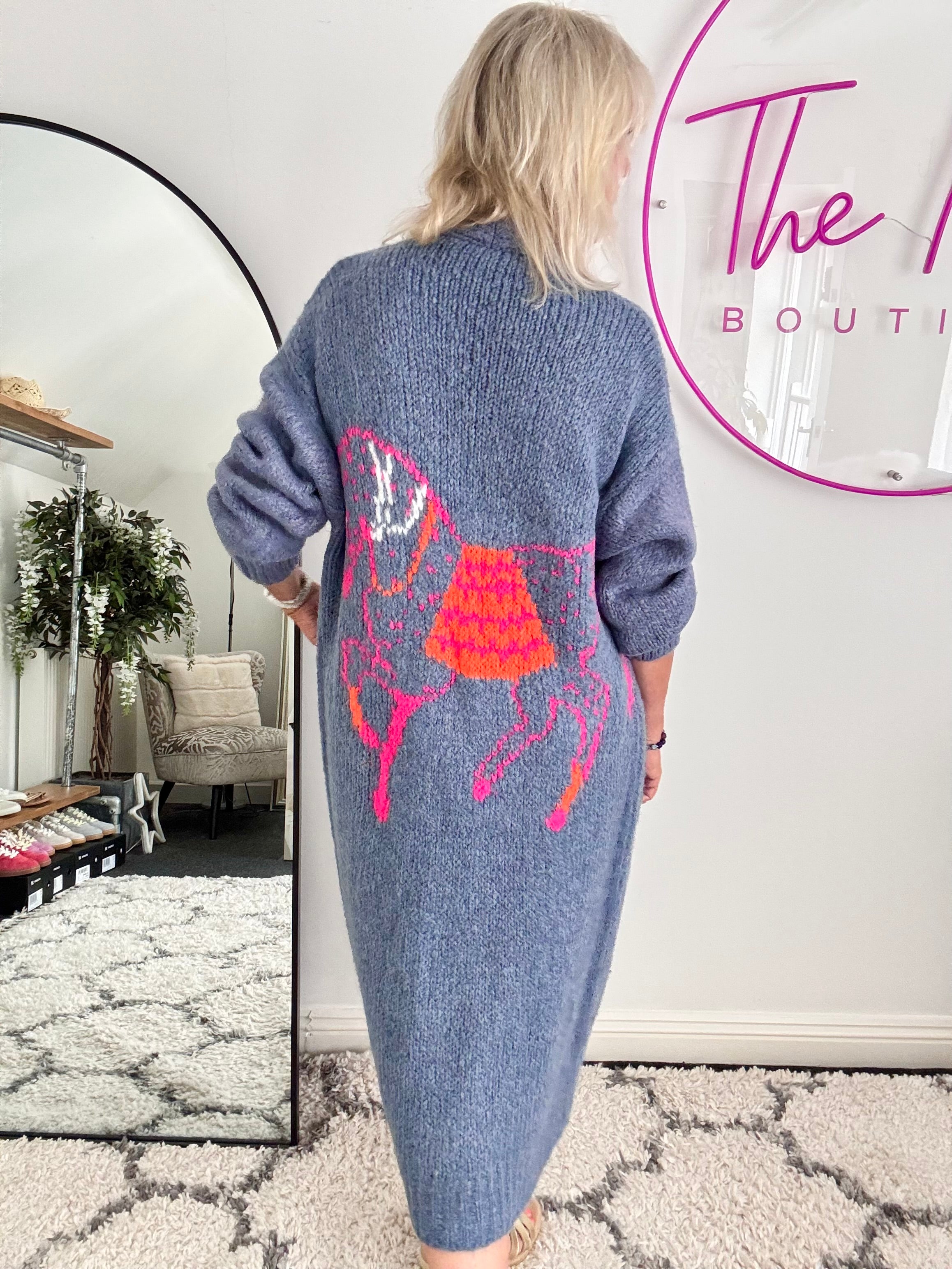 Luxe Neon Horse Cardi in Denim Blue