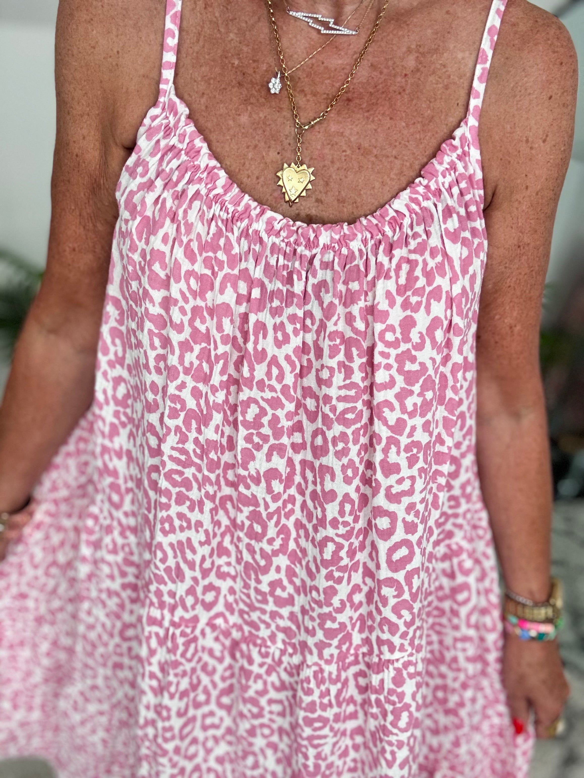 Leopard Cheesecloth Dress in Rose Pink & White