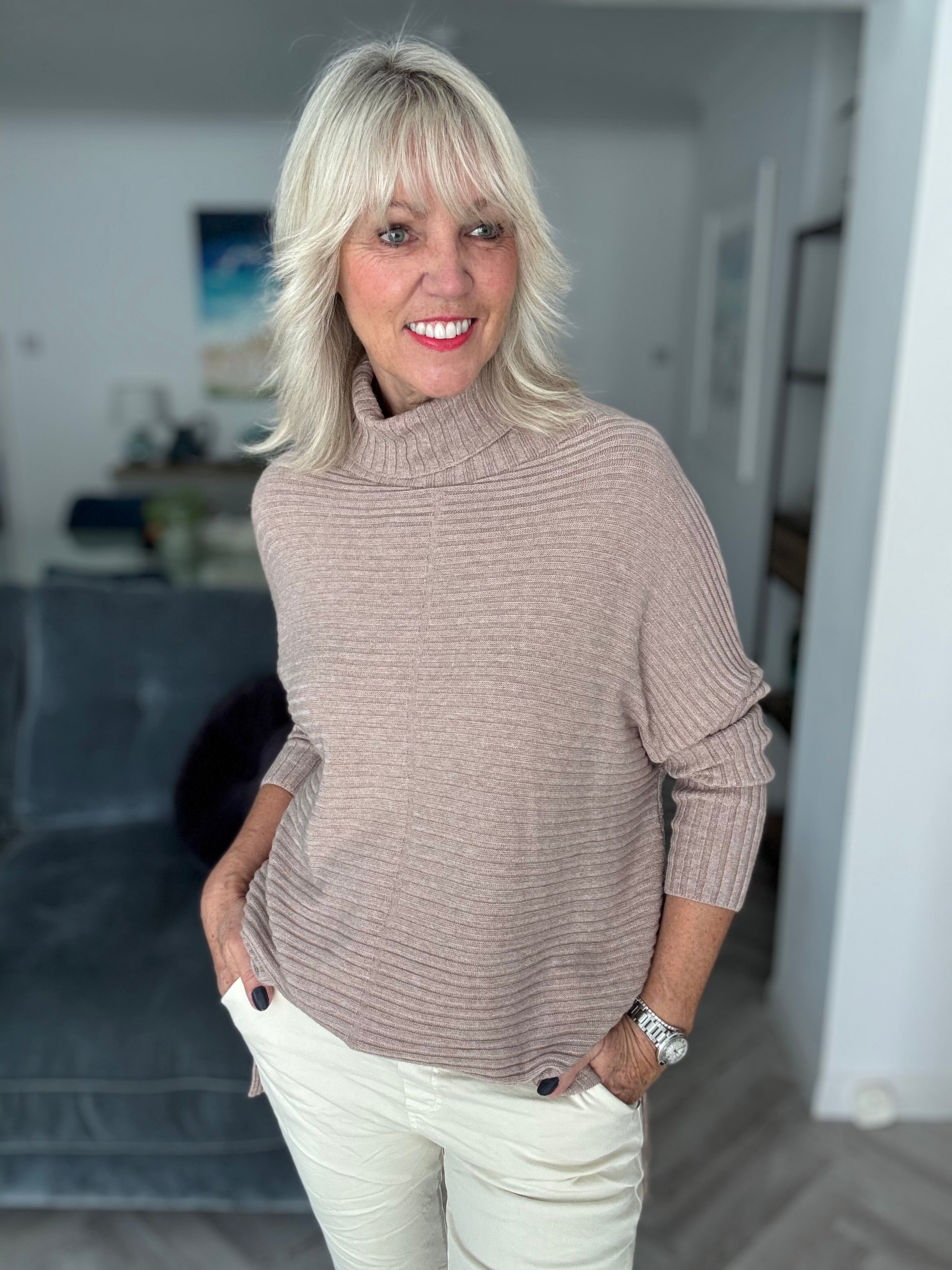 Ribbed Roll Neck Poncho Jumper in Mocha