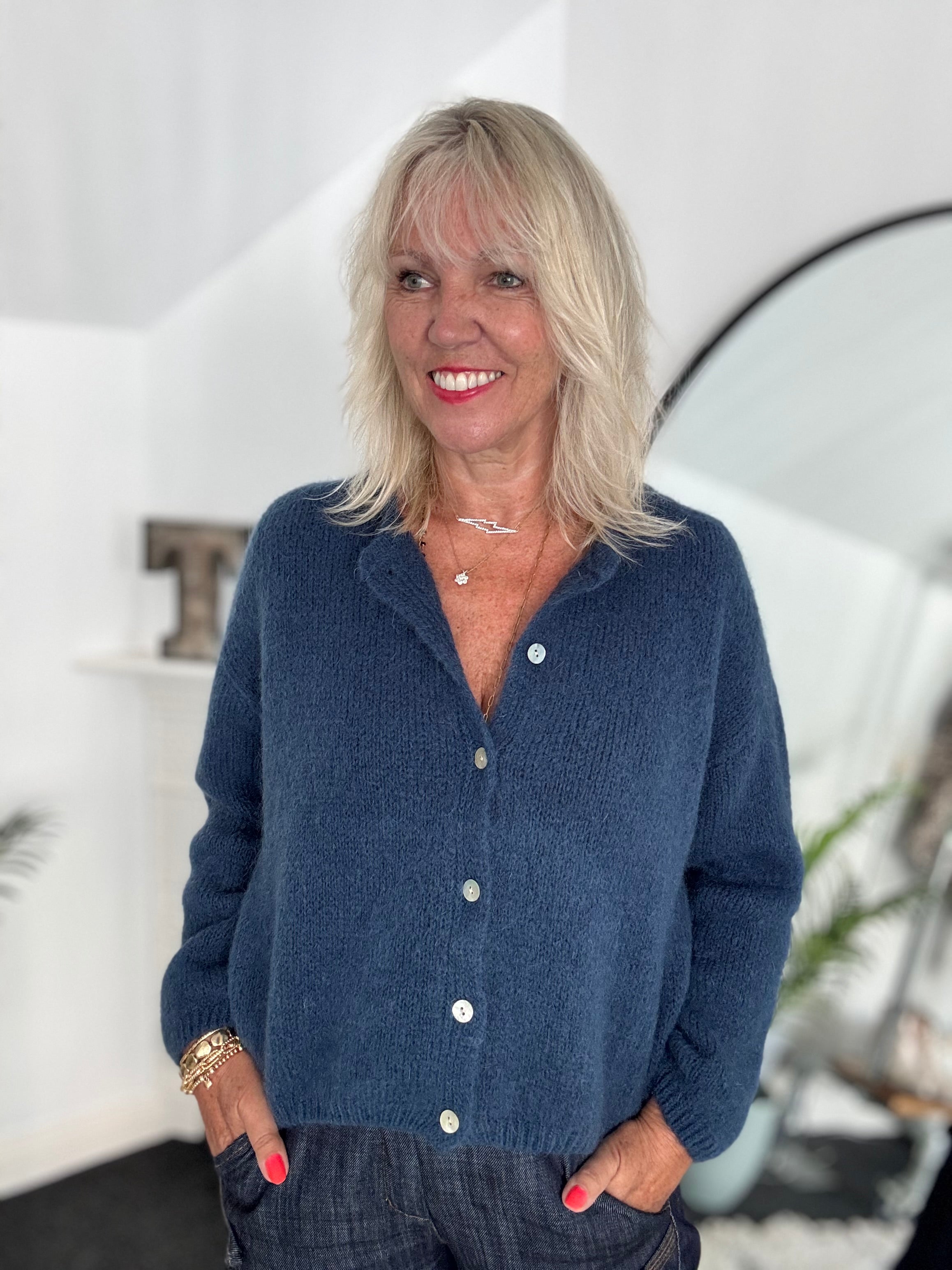 Mohair Buttoned Cardi in Denim Blue