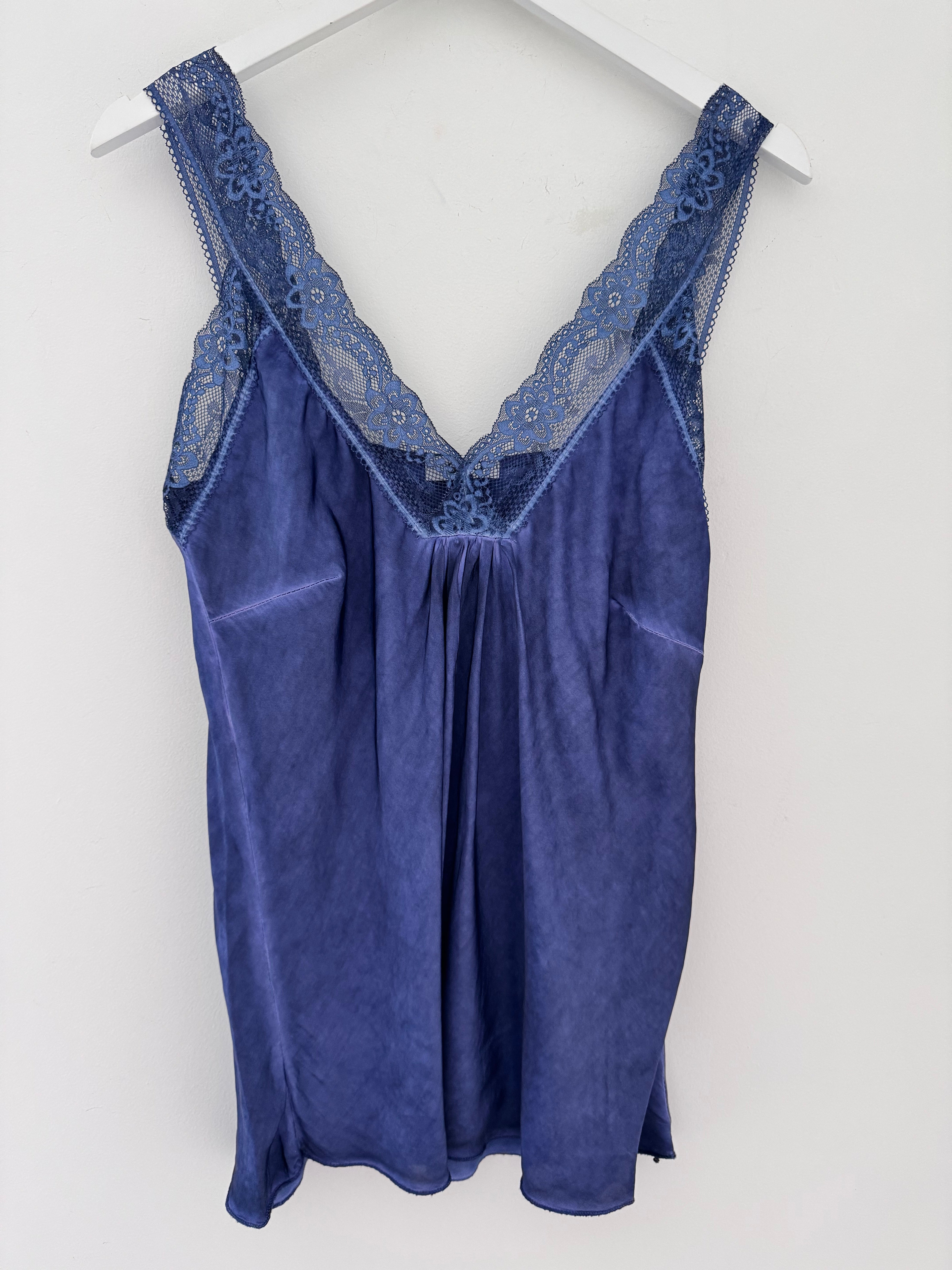 Lace Trim Silk Cami in Indigo Blue