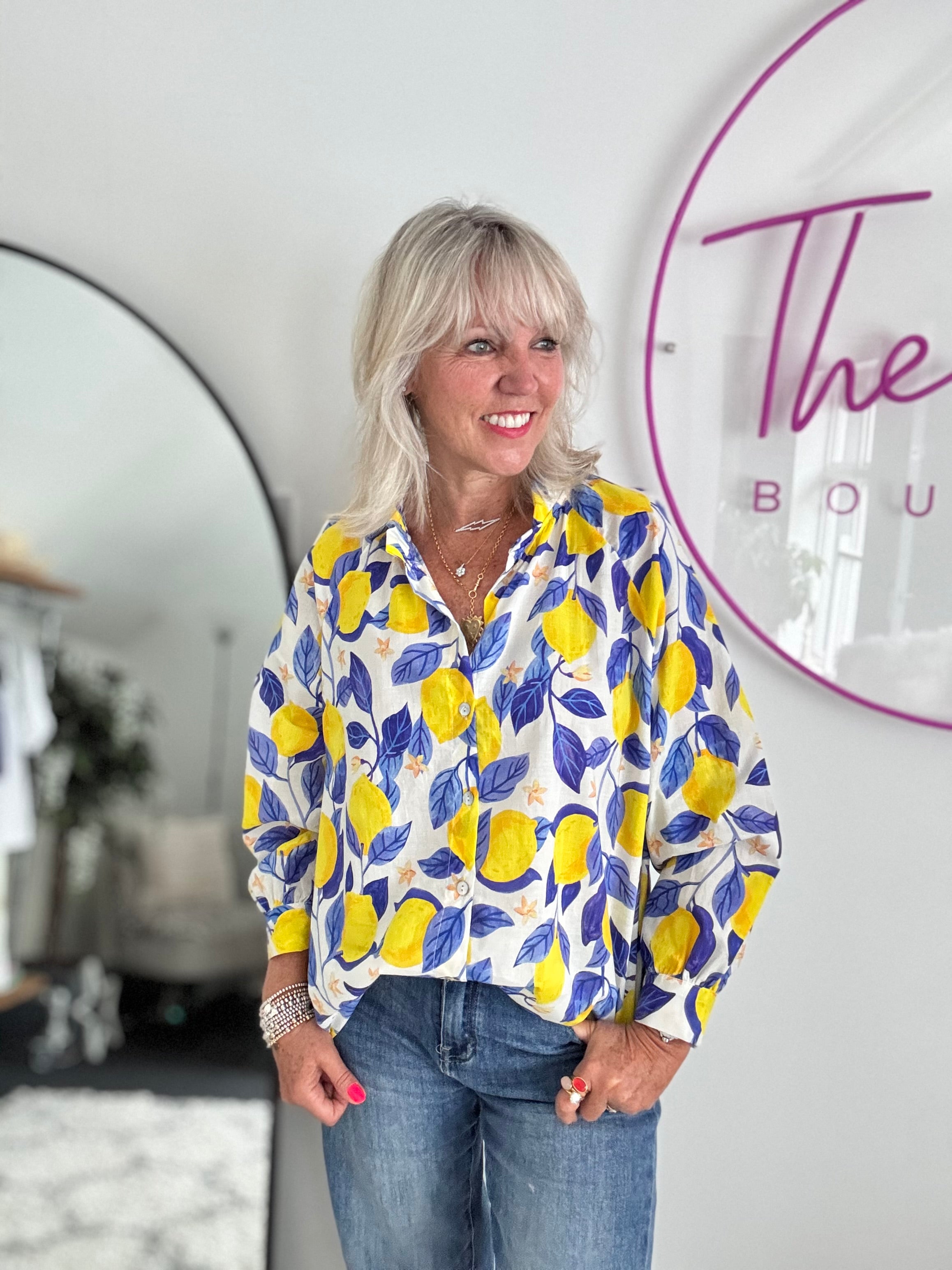 Lemons Blouse in Blue & Yellow