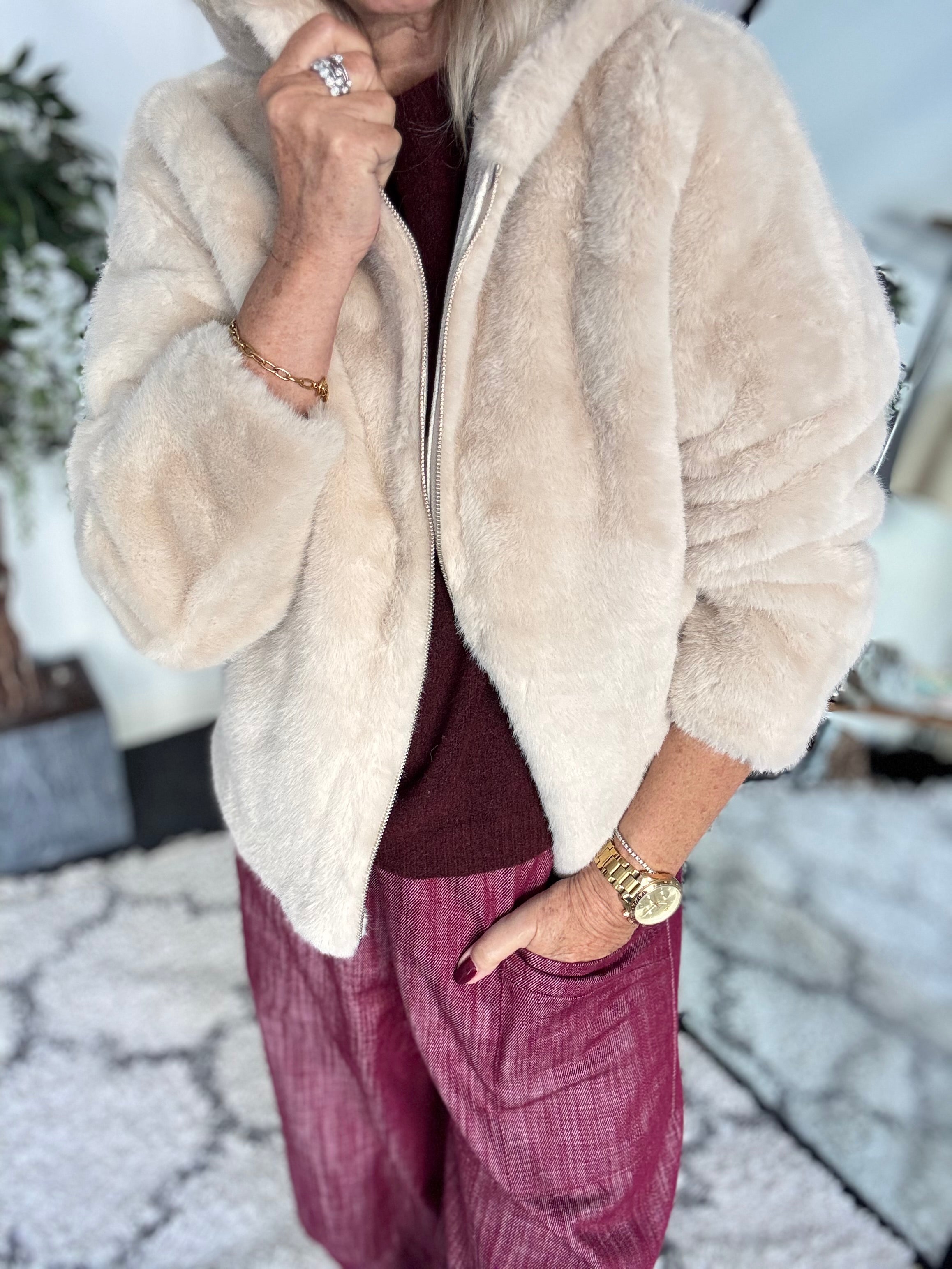 Hooded Fur Jacket in Ecru