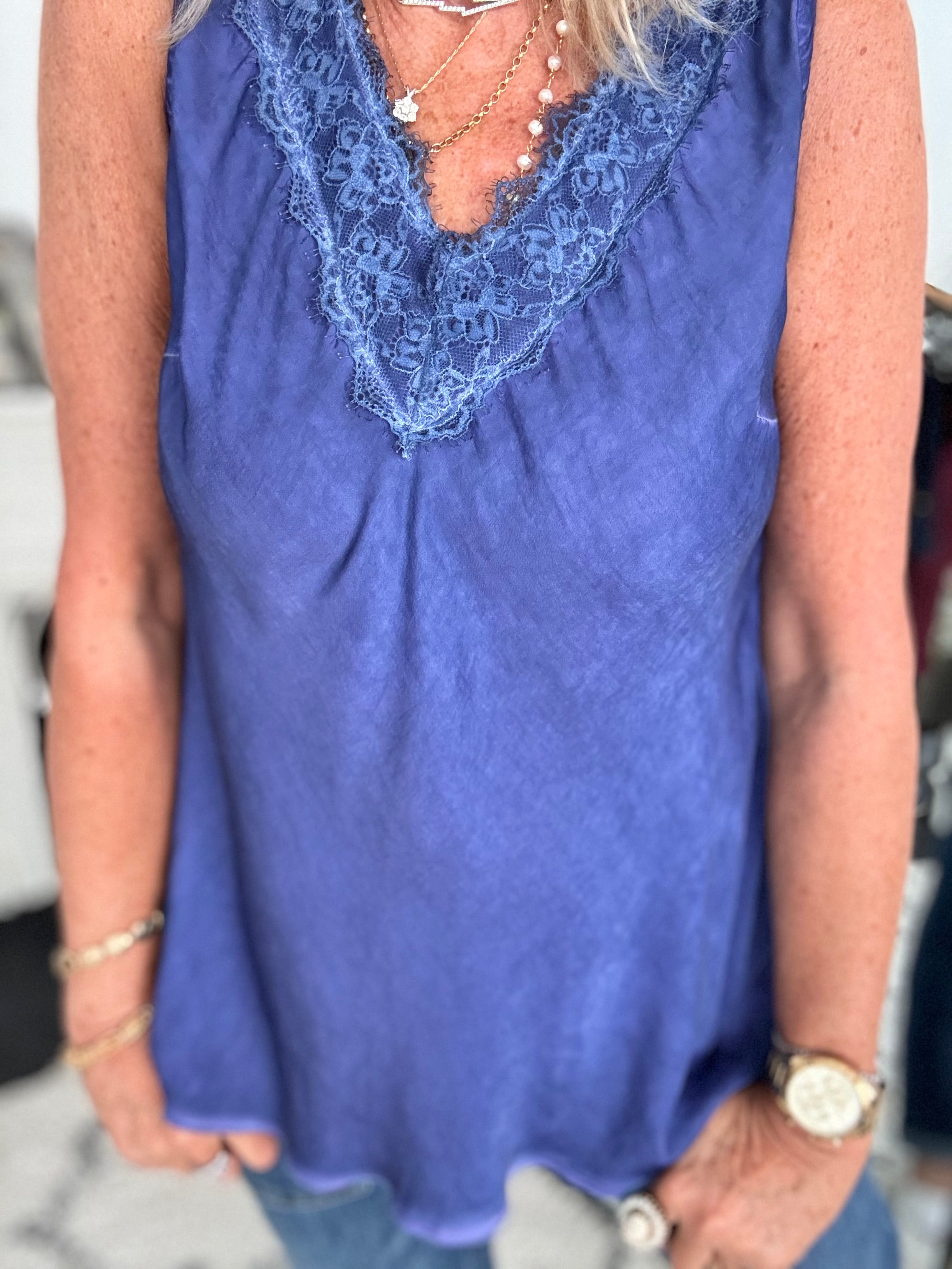 Lace Trim Silk Top in Indigo Blue