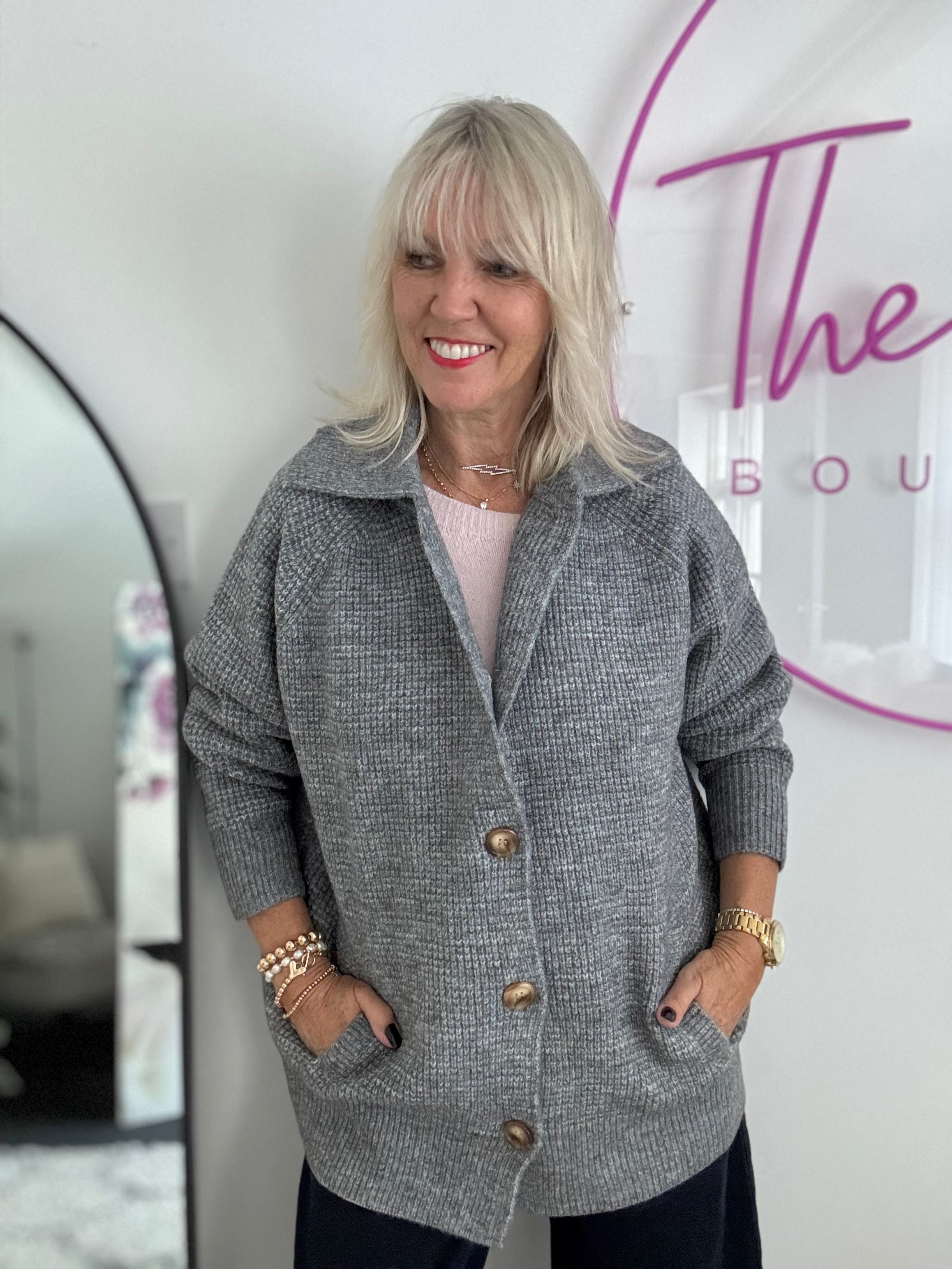 Fisherman Rib Knitted Jacket in Marl Grey