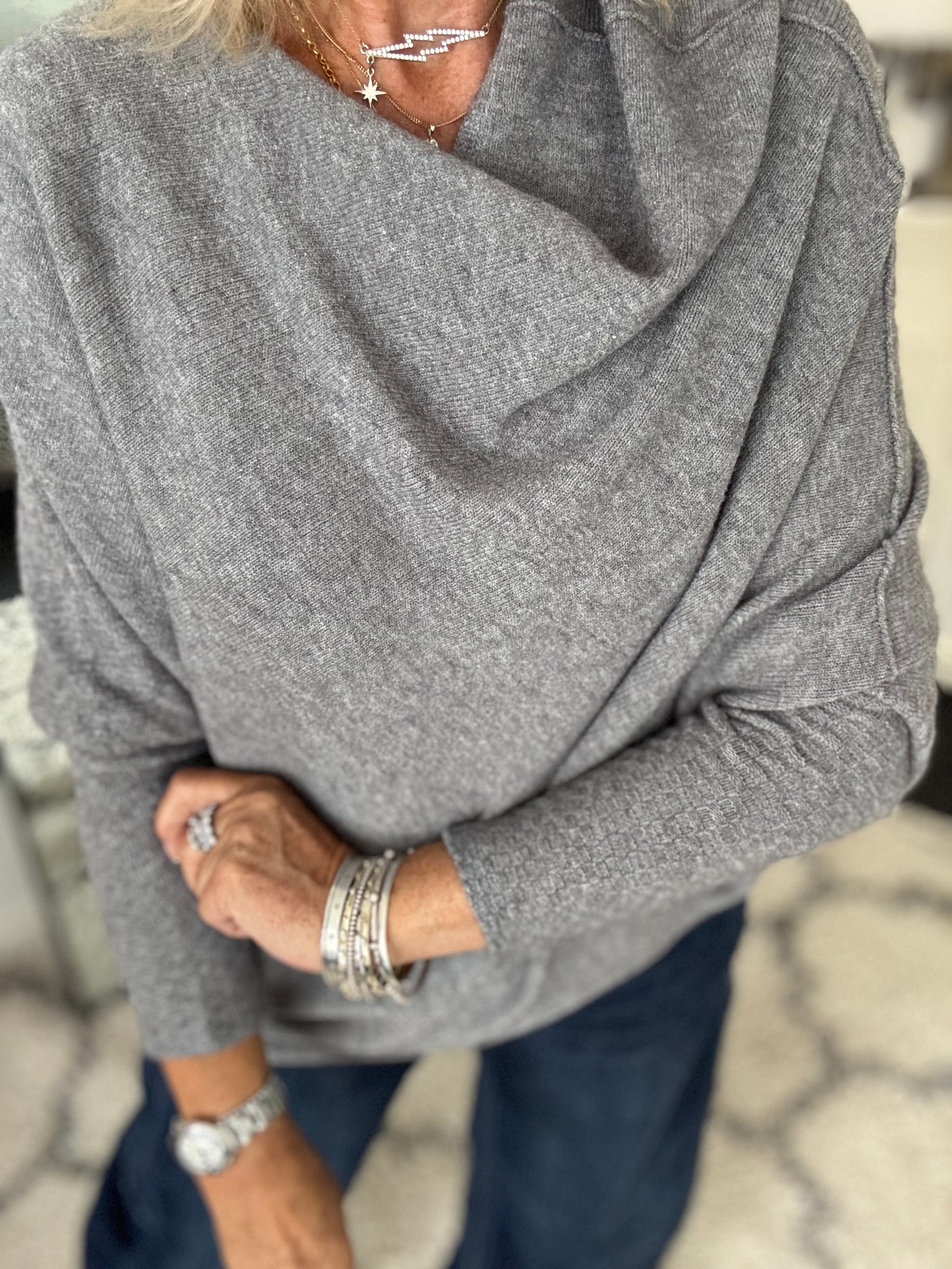 Cowl Neck Asymmetric Jumper in Charcoal Grey