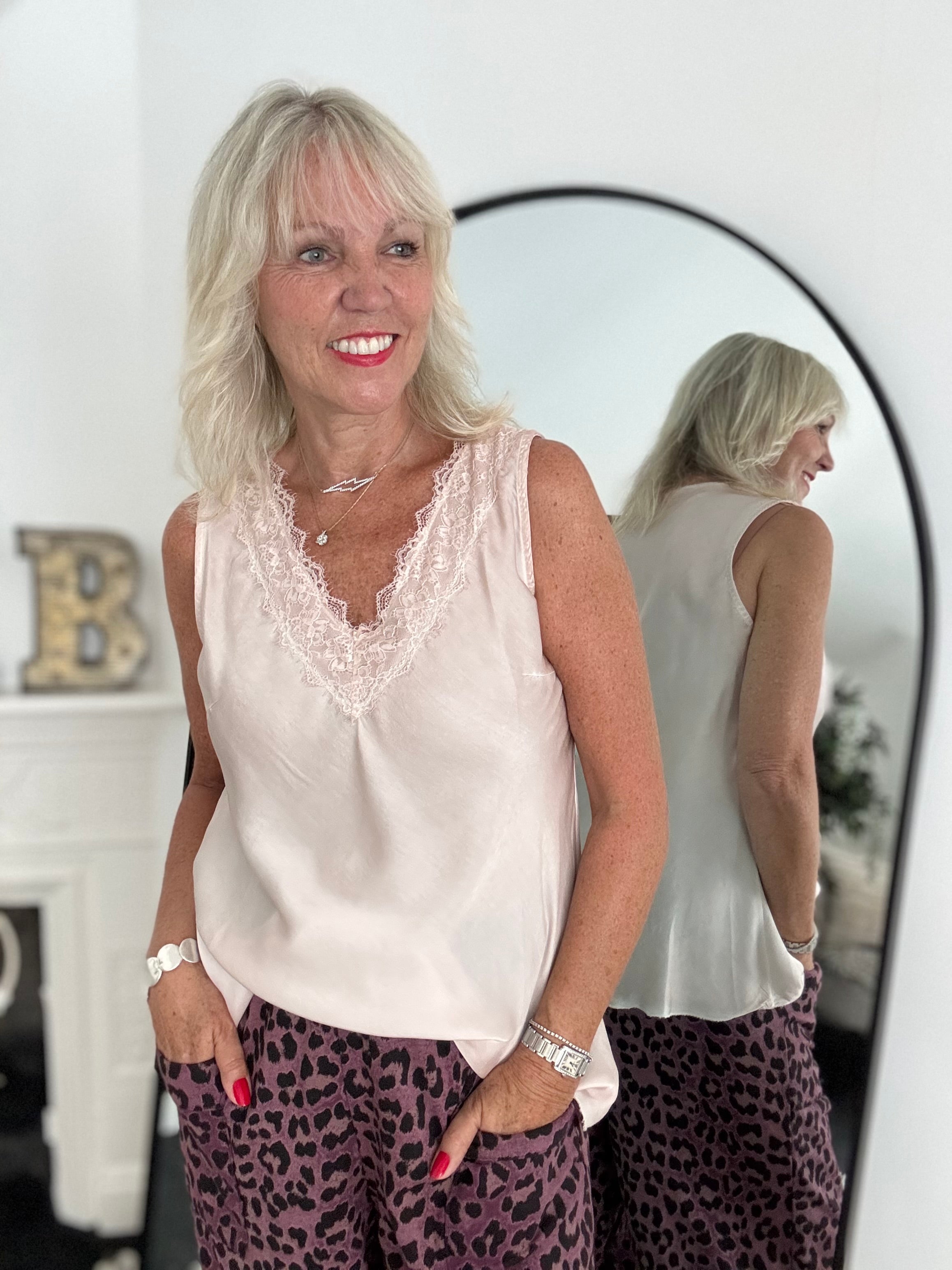 Lace Trim Silk Top in Shell Pink