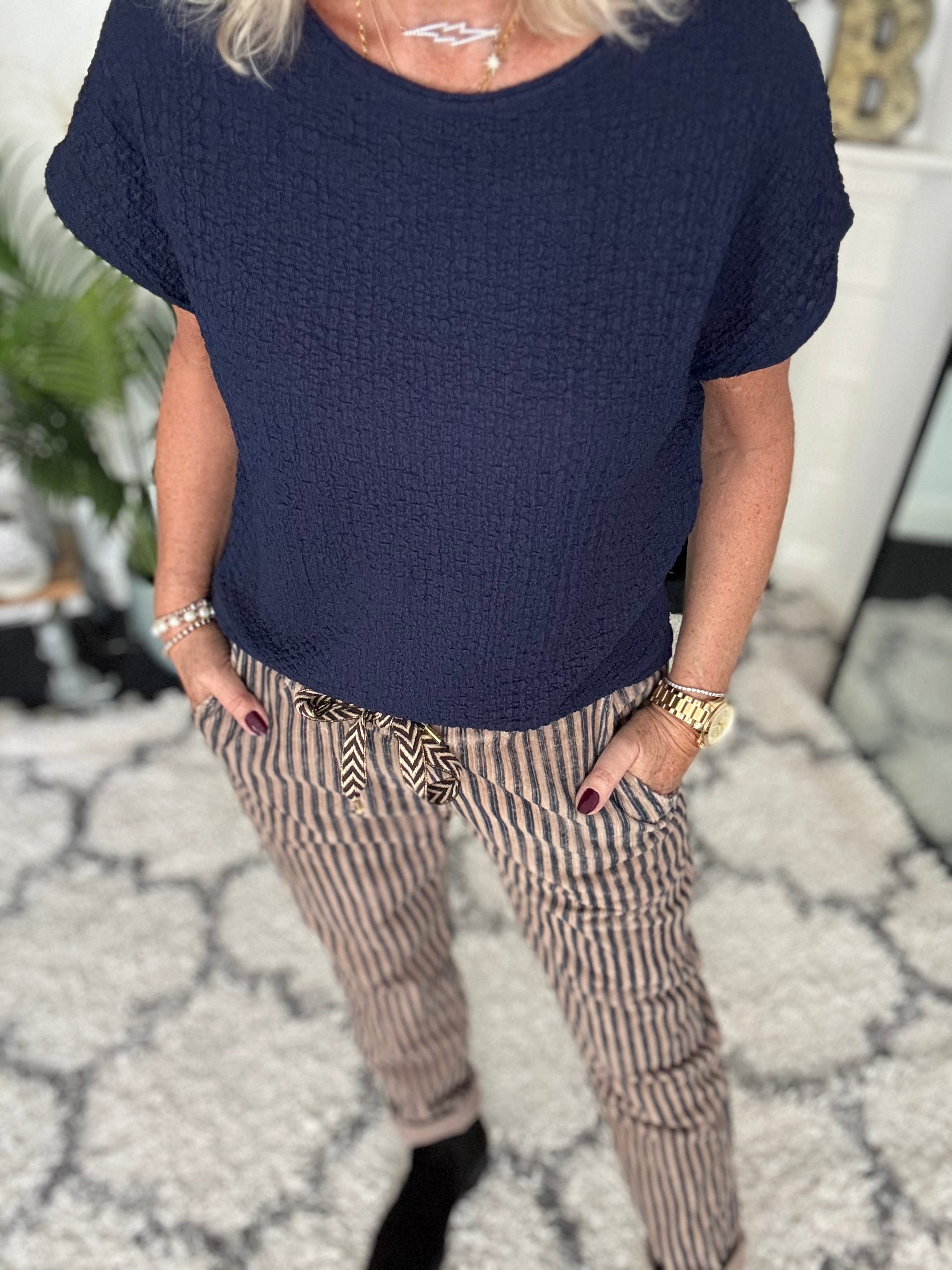 Textured Stretch Crepe Top in Navy