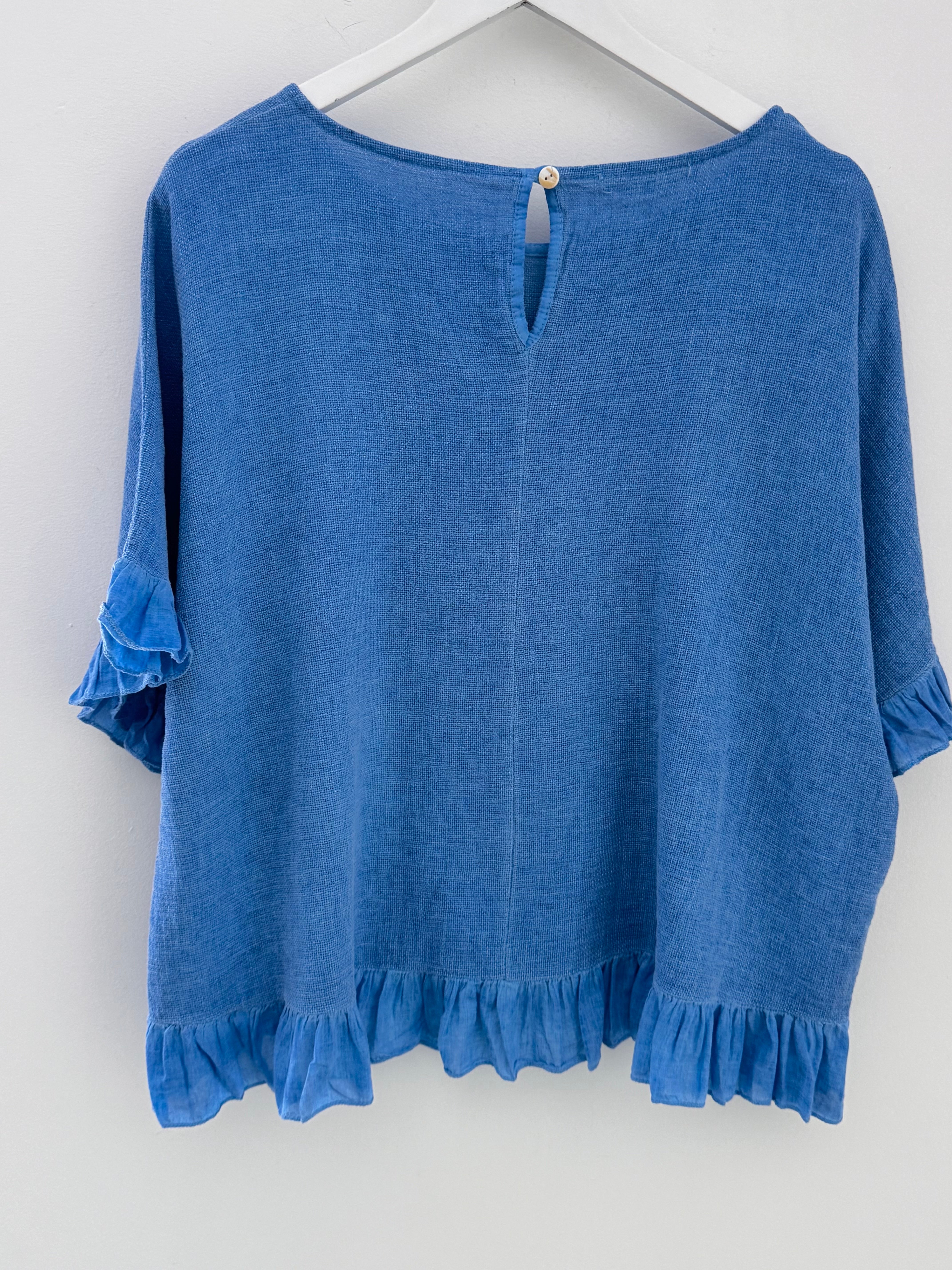 Linen & Cotton Ruffle Edge Top in Sky Blue