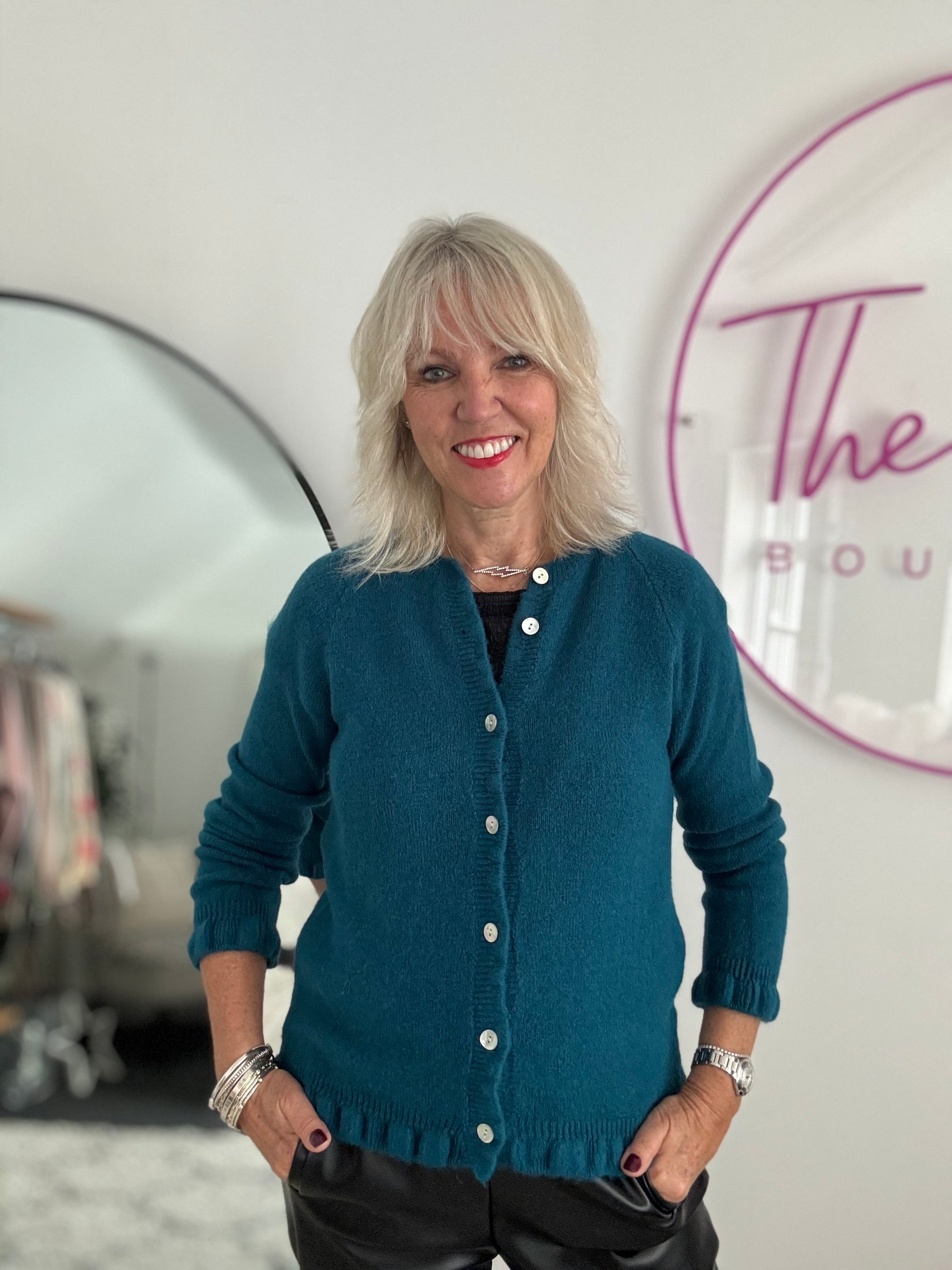 Alpaca Cardi with Frill Hems in Teal