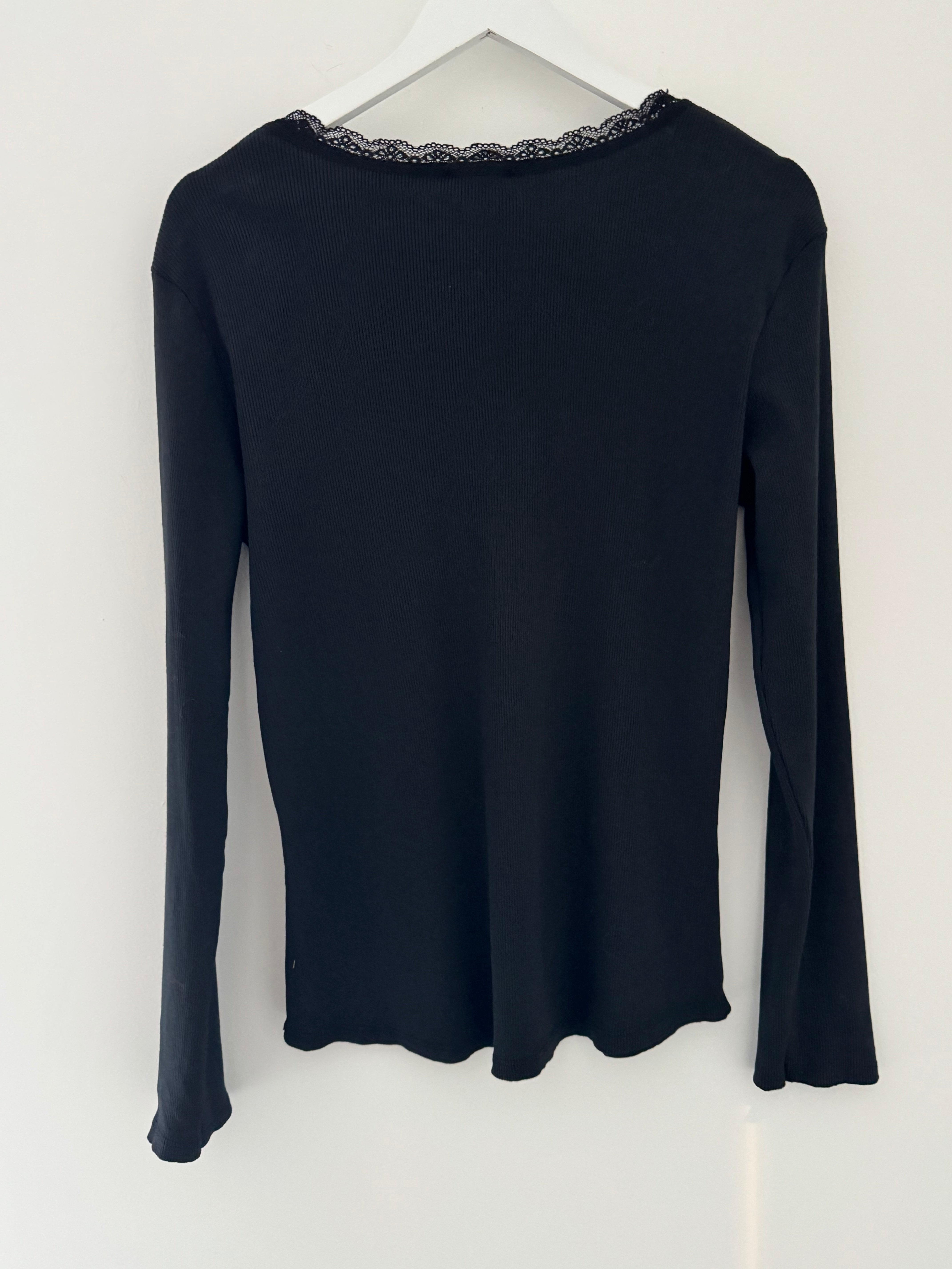 Ribbed Top with Lace Neck in Black