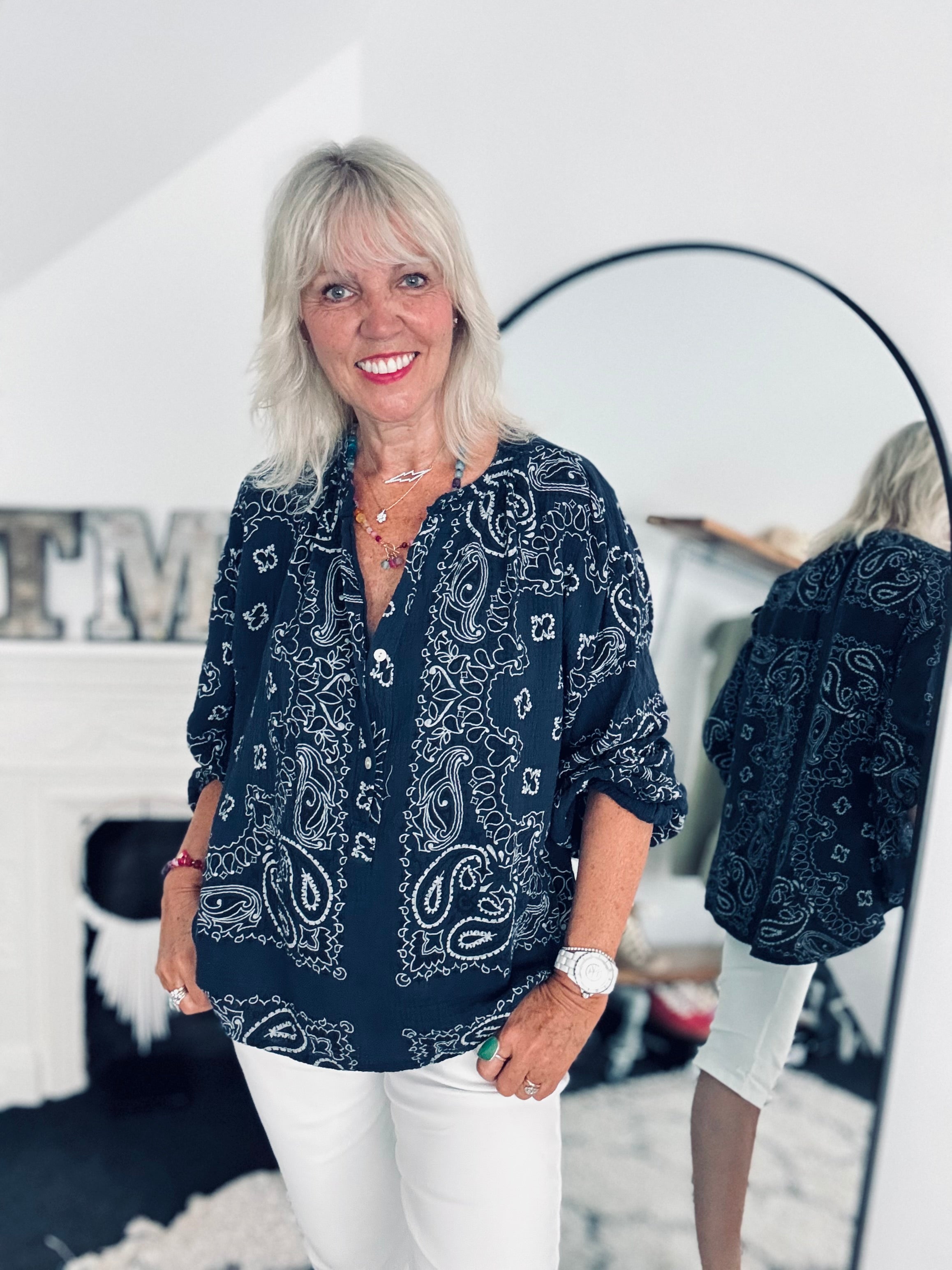 Oversized Paisley Cheesecloth Shirt in Navy