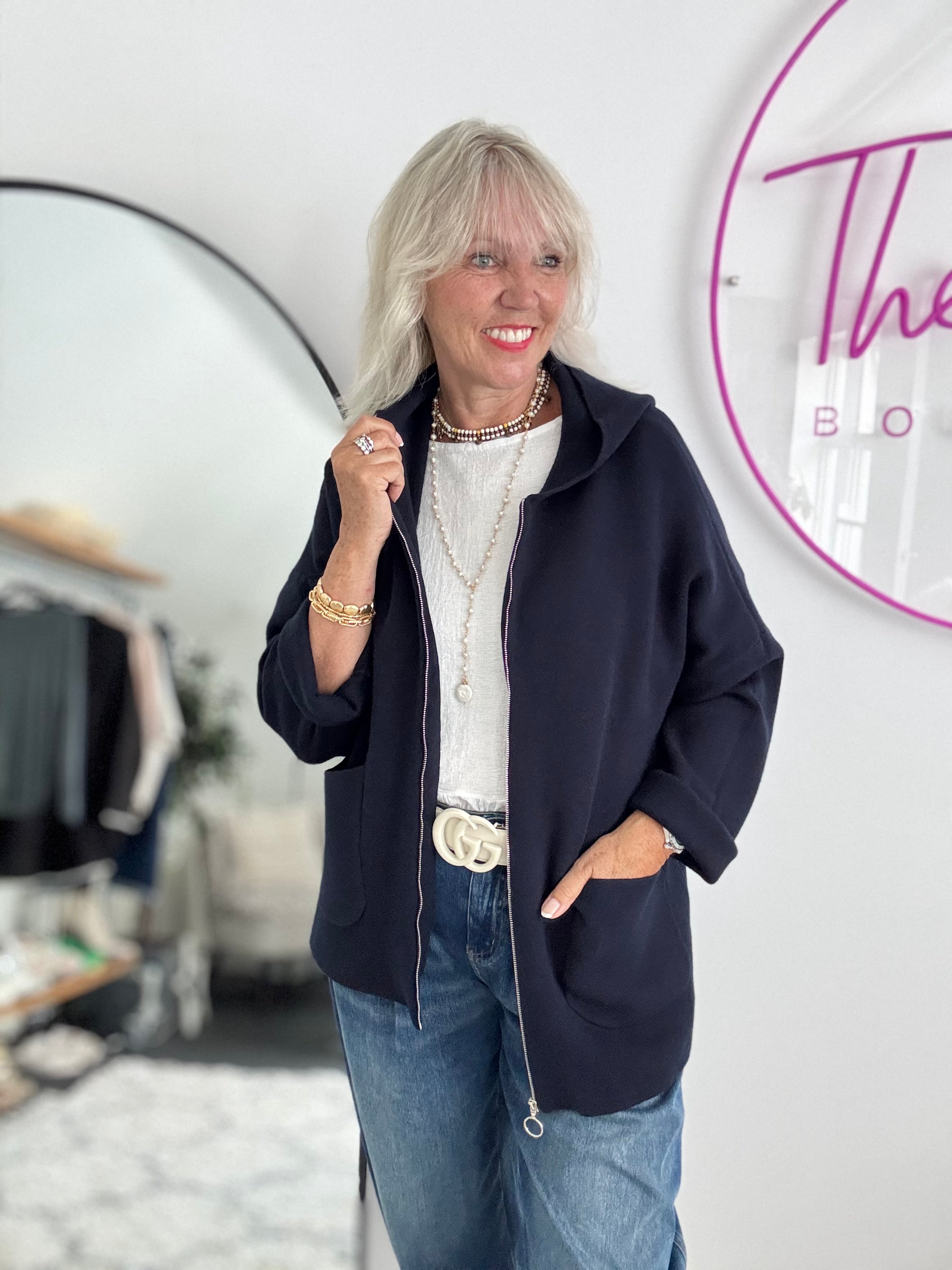 Hooded Zipped Coatigan in Navy