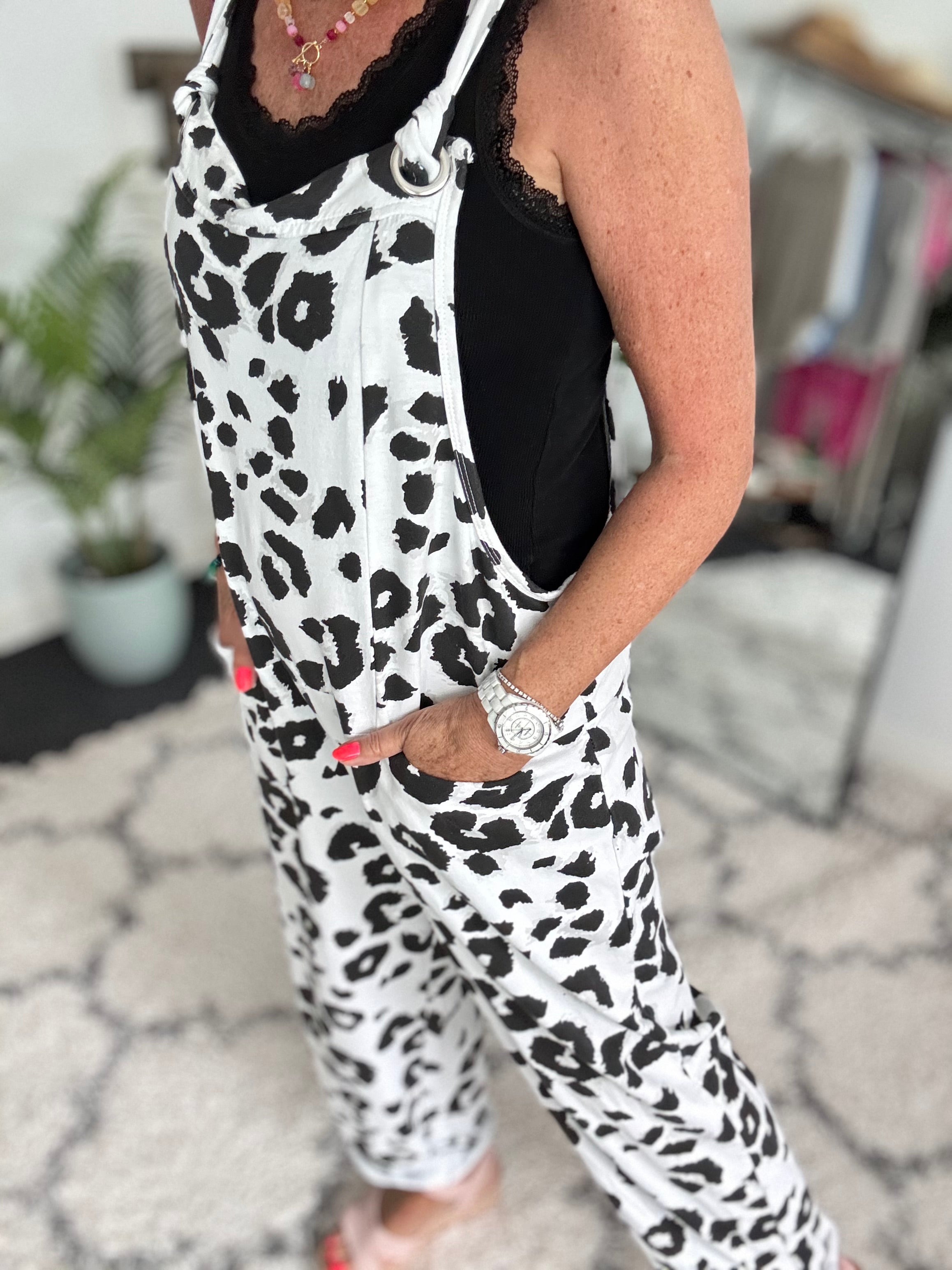 Cotton Jersey Dungarees in Snow Leopard
