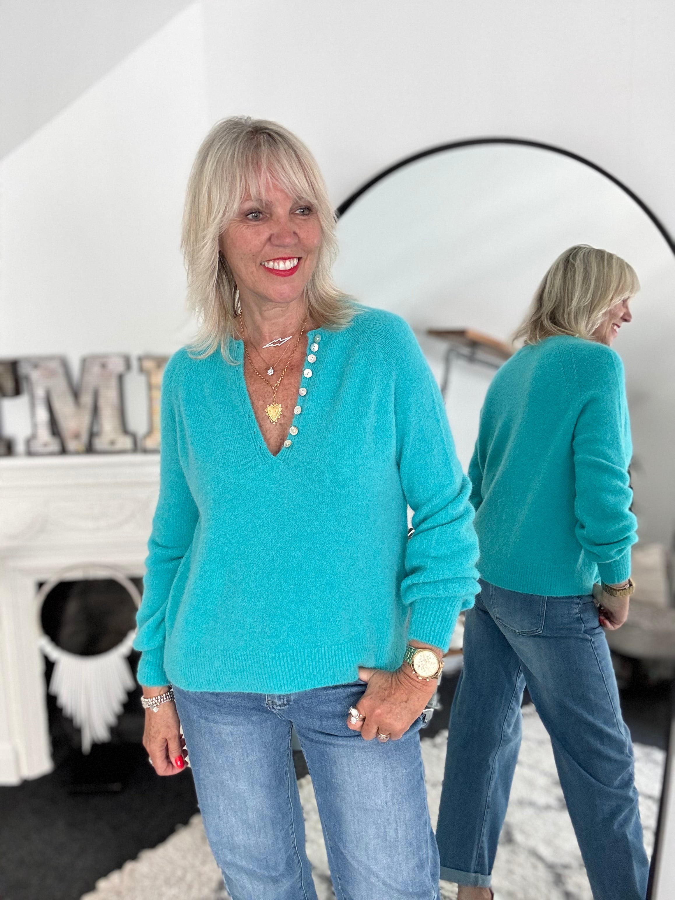 Softie Jumper with Button Neck in Turquoise