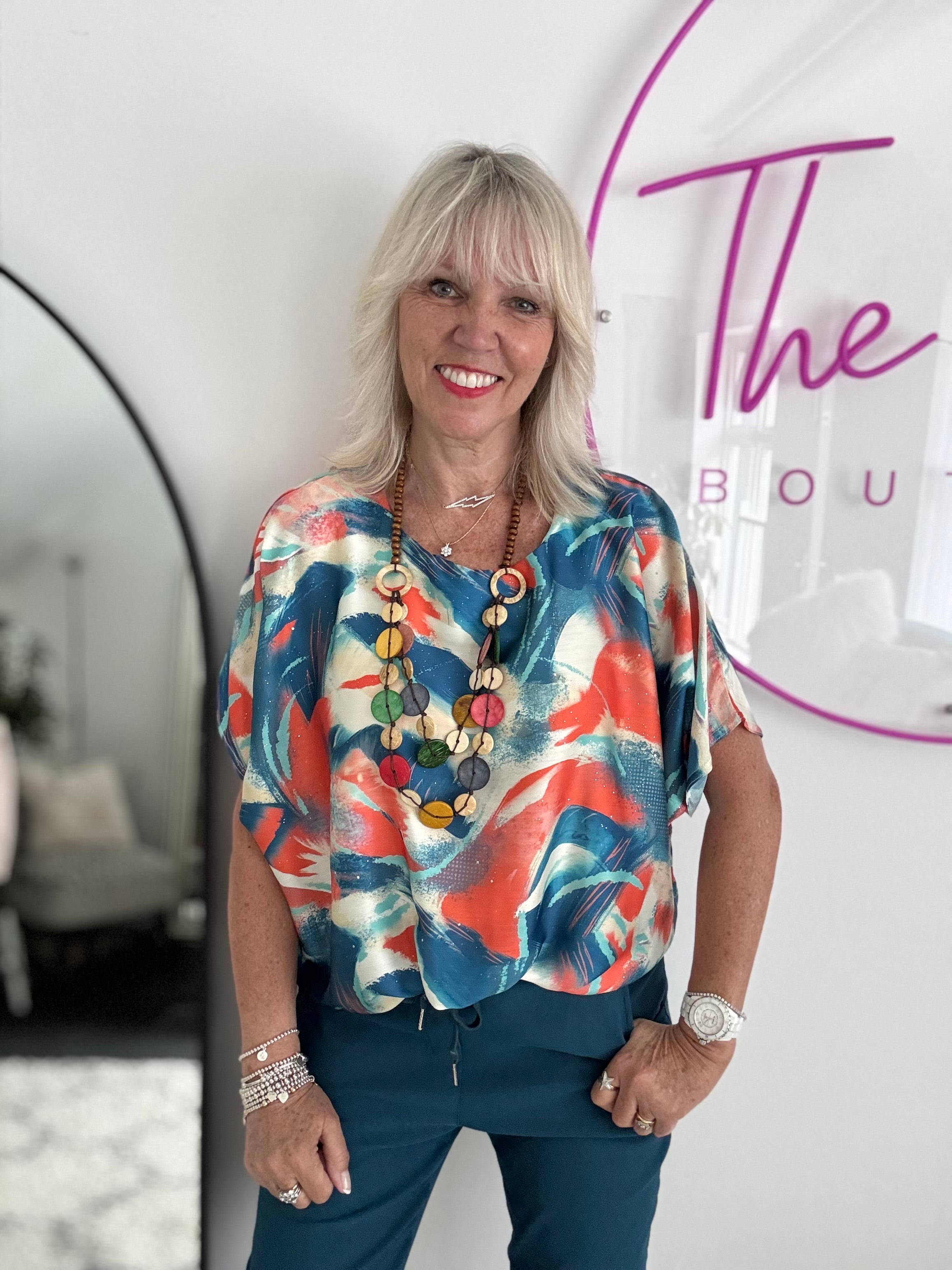 Silky Top with Necklace in Orange & Teal