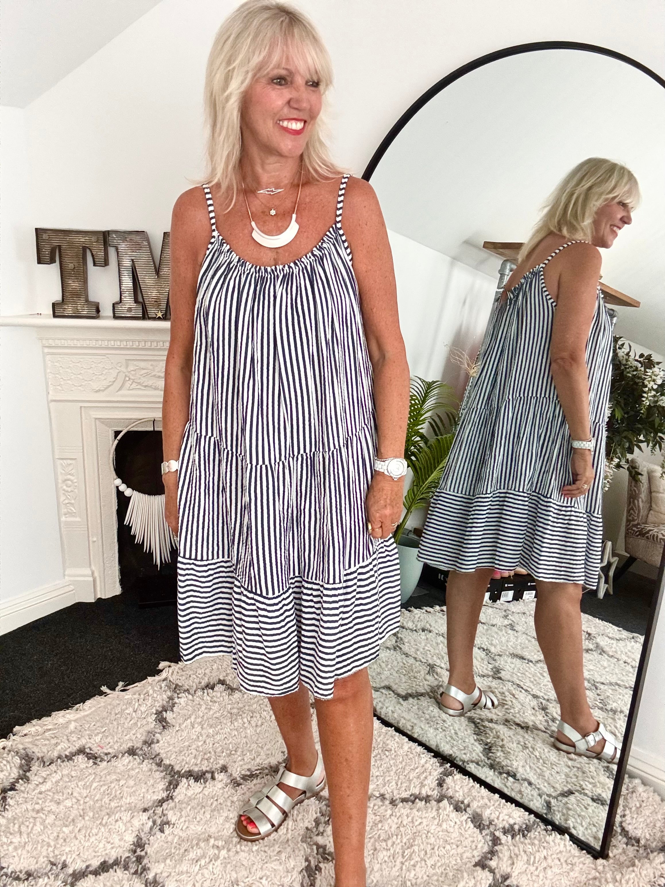 Stripe Cheesecloth Dress in Navy & White