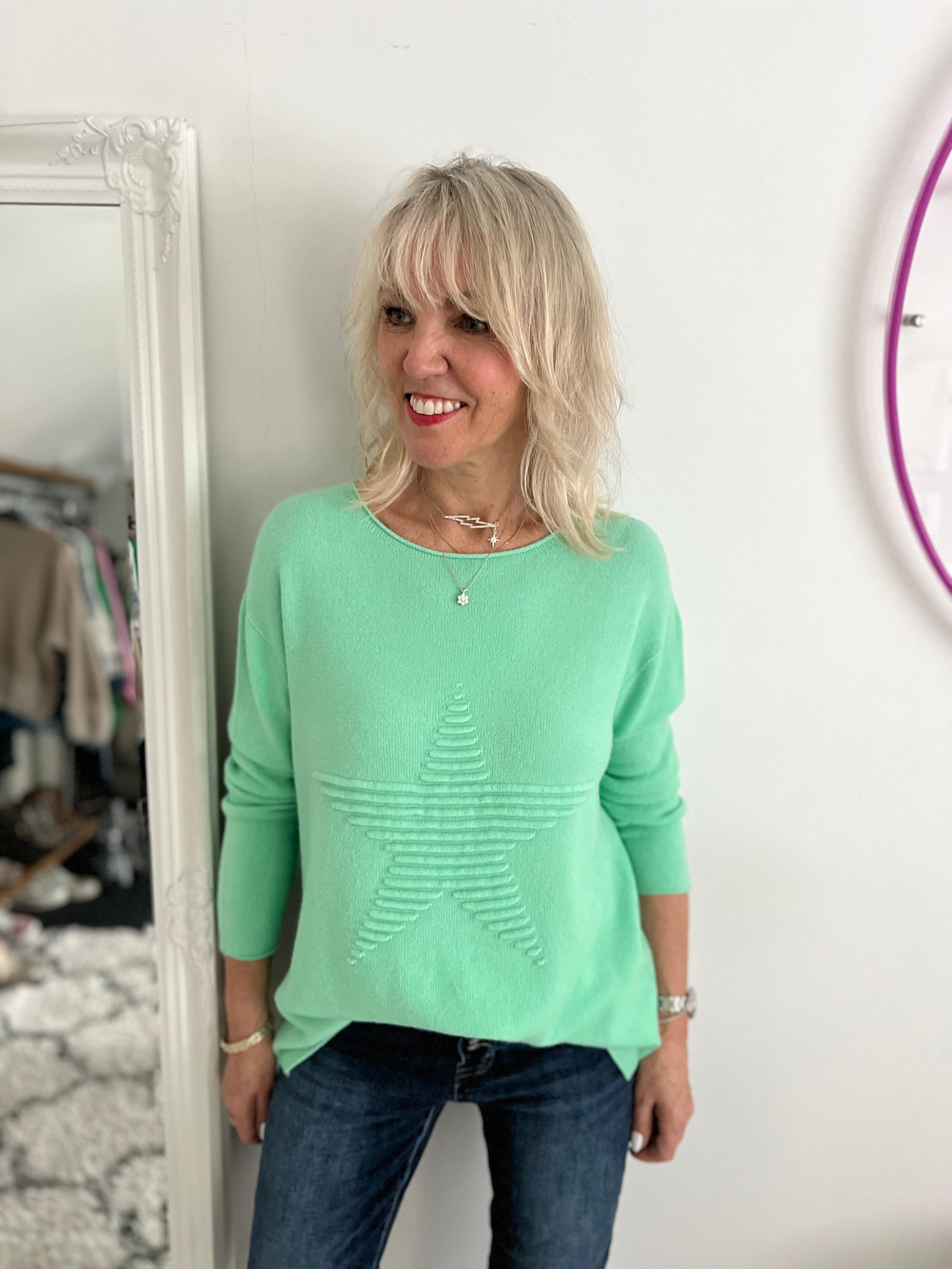 Ribbed Star Jumper in Soft Green