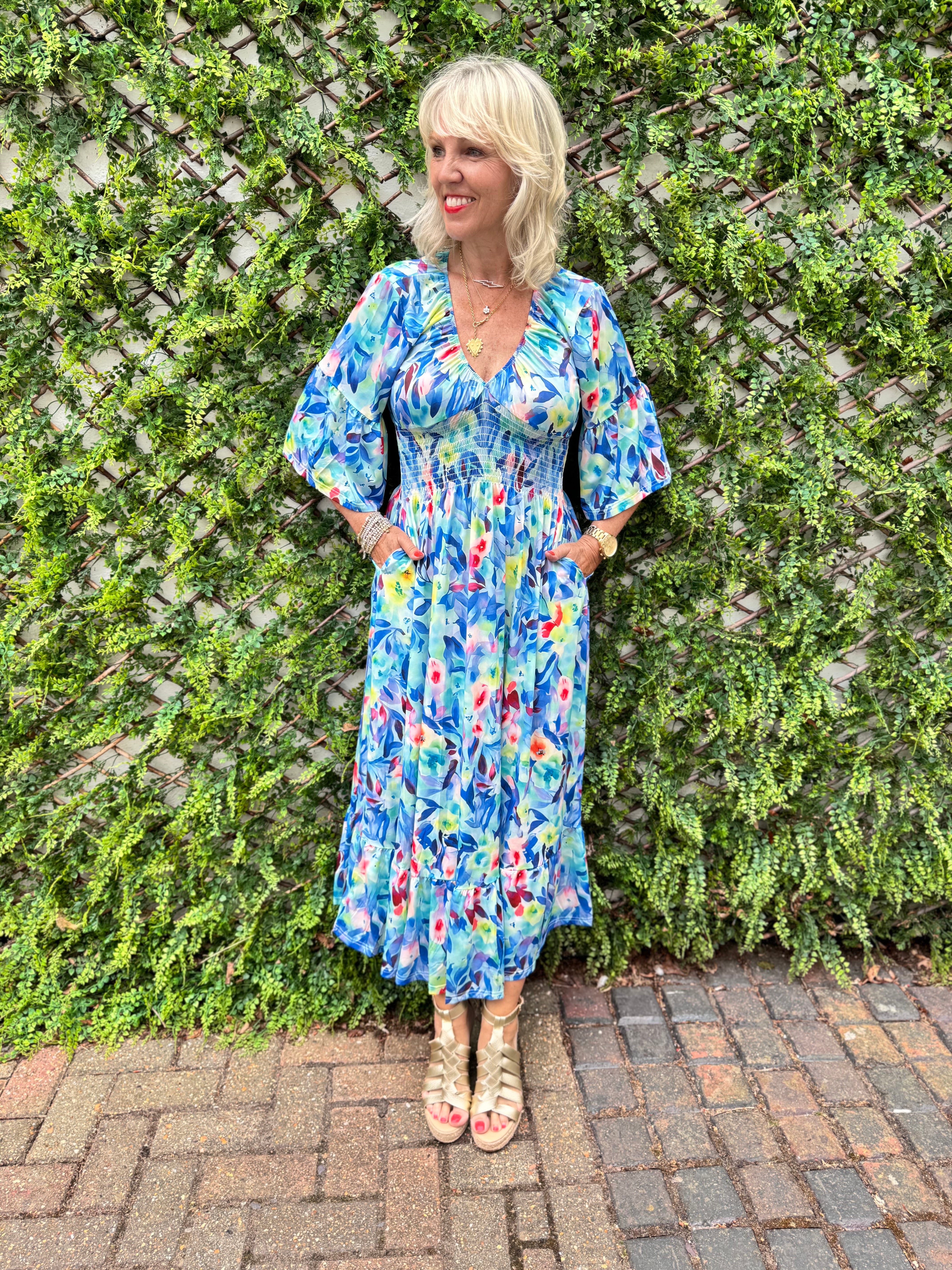 Silky Stretch Dress in Blue & Pink
