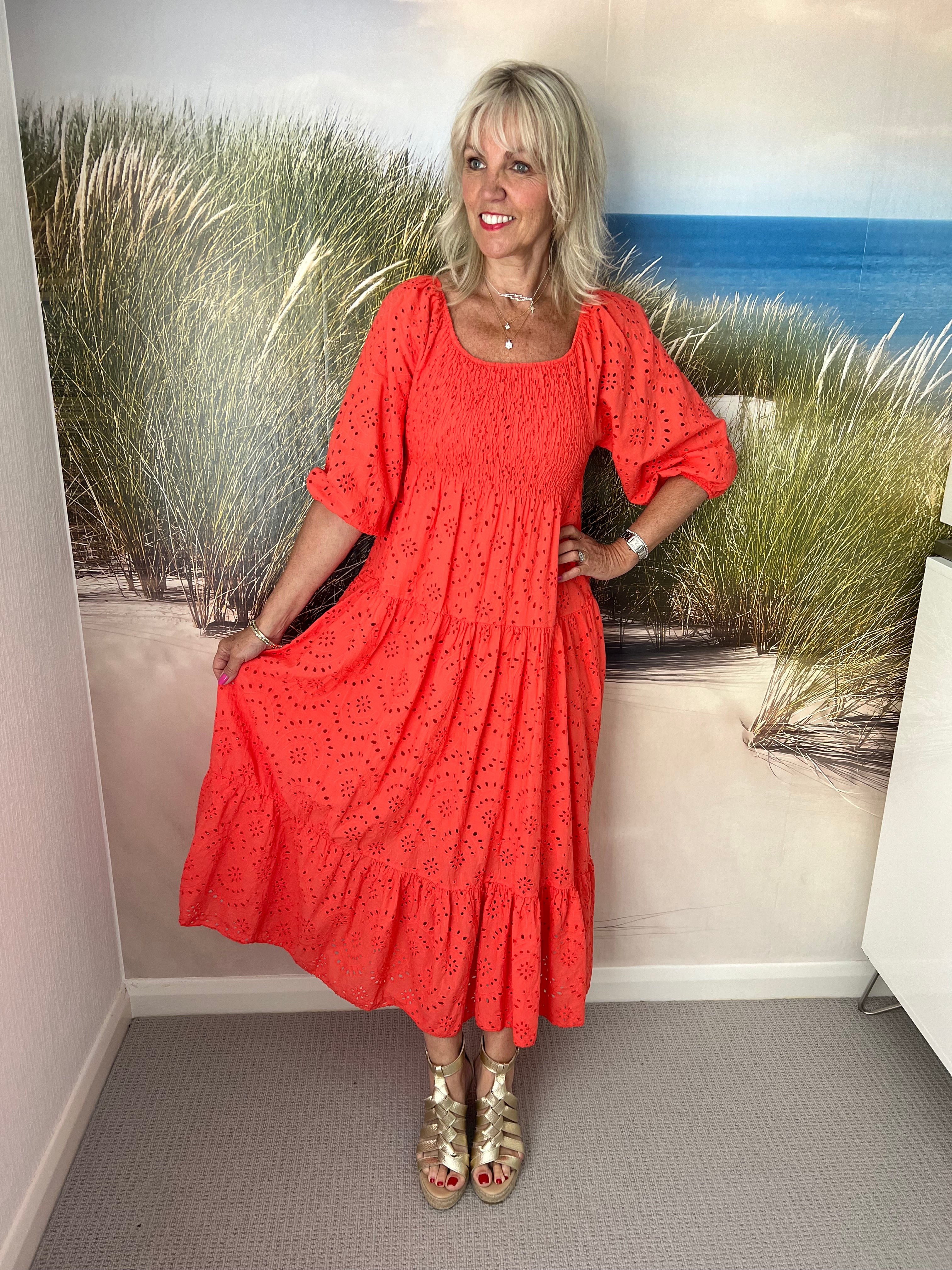 Broderie Anglais Midi Dress in Coral