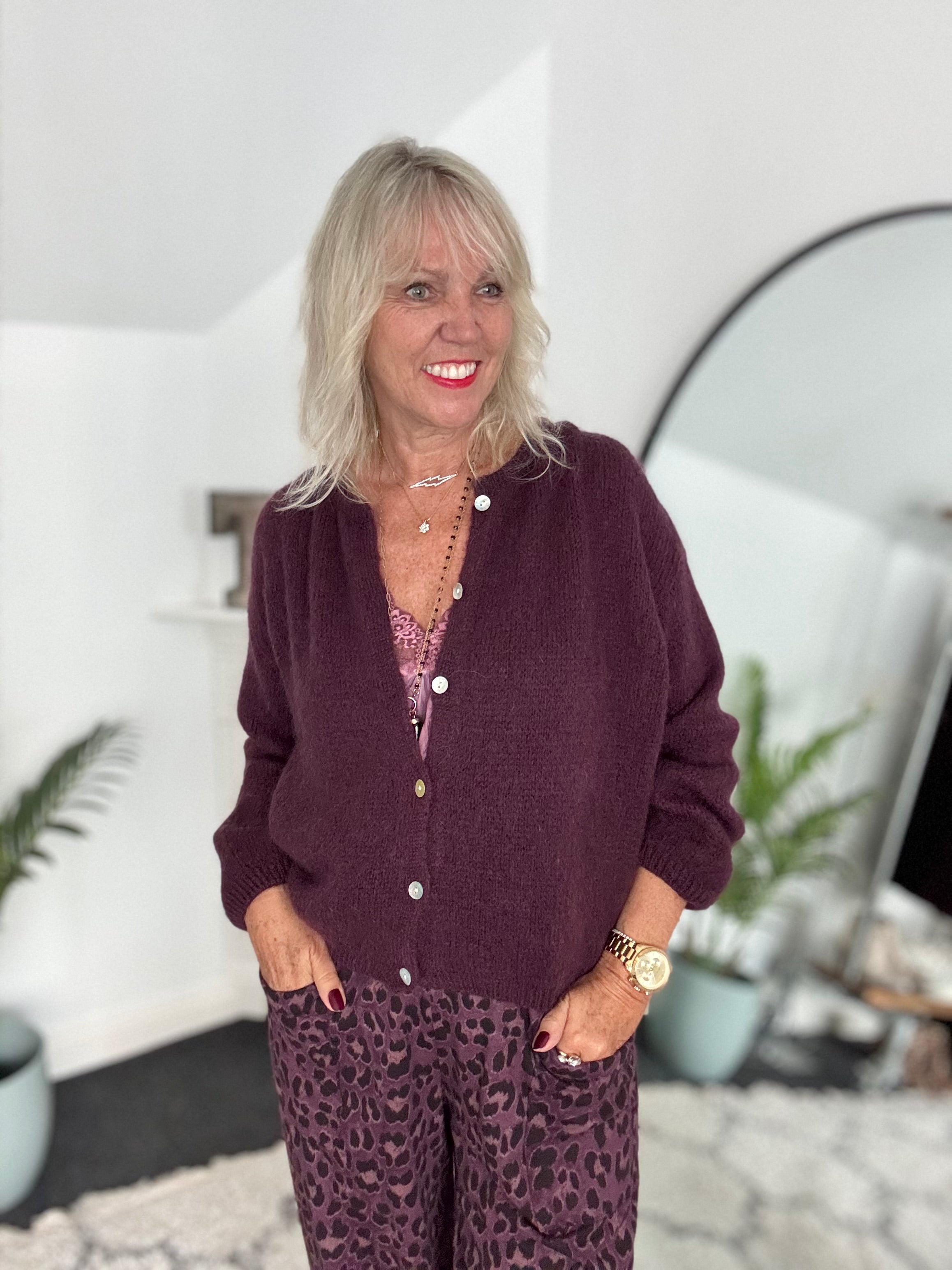 Mohair Buttoned Cardi in Plum