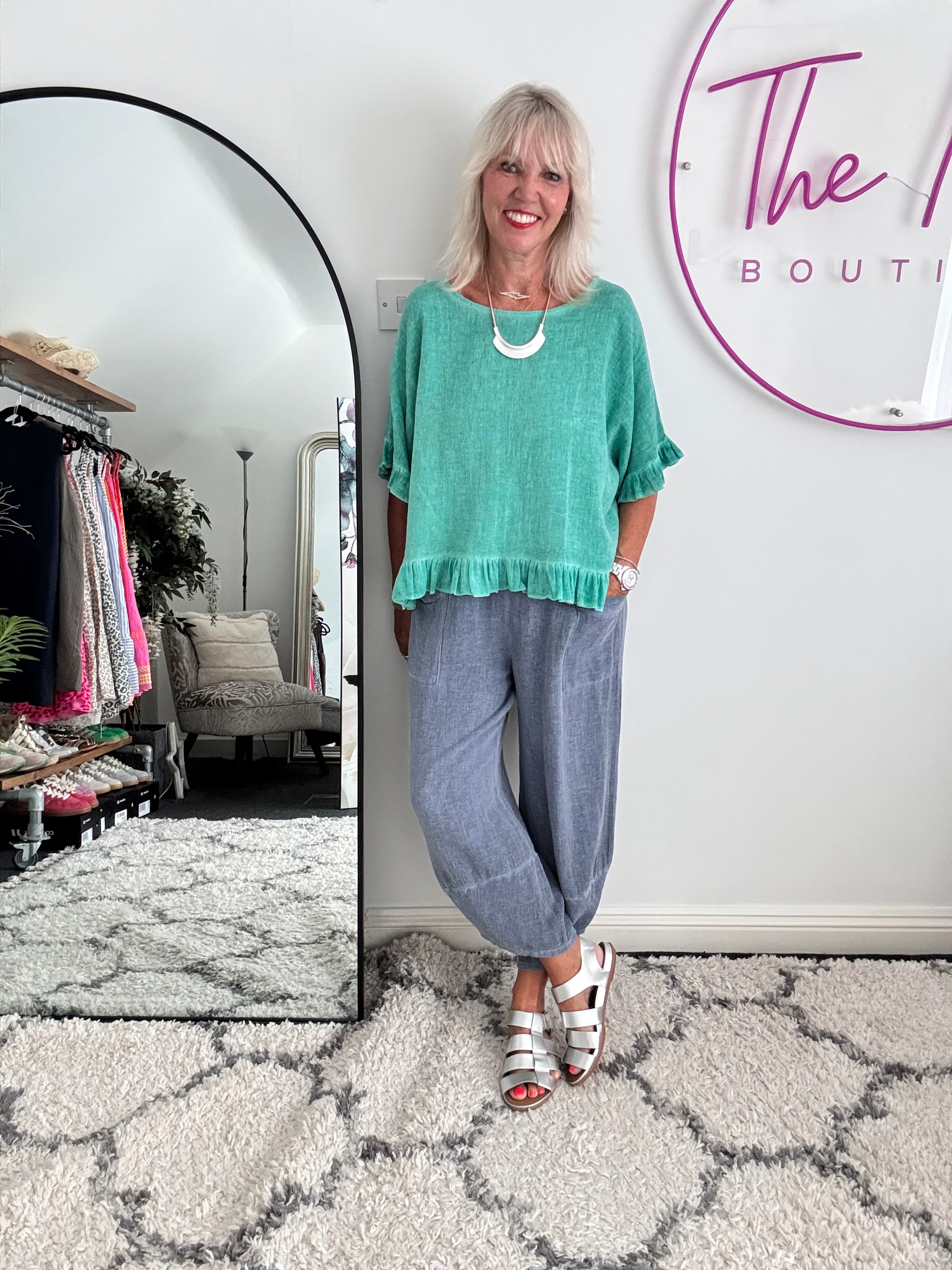 Linen & Cotton Ruffle Edge Top in Ocean Green