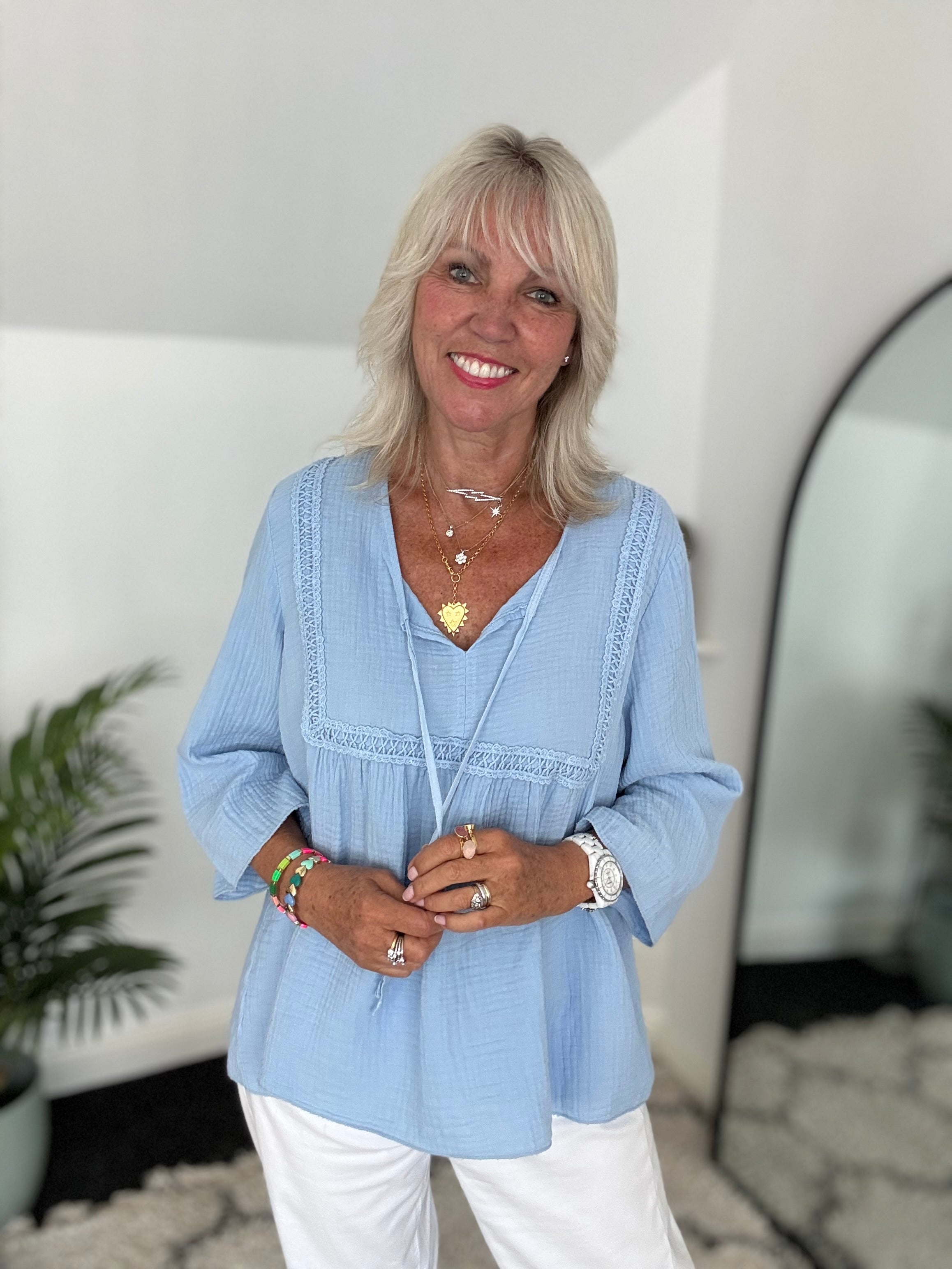 Cheesecloth Folk Blouse in Blue