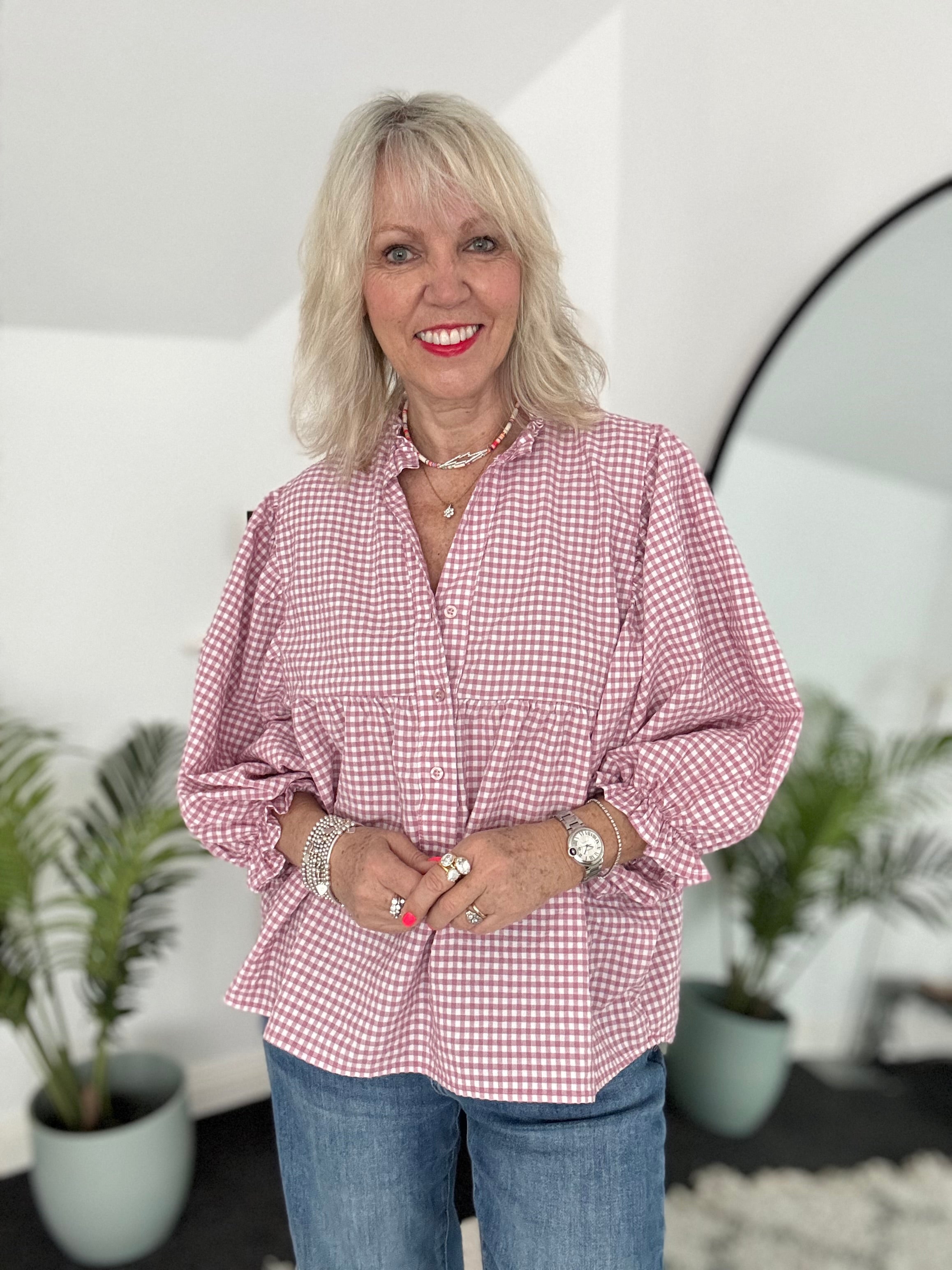 Gingham Seersucker Blouse in Rose Pink