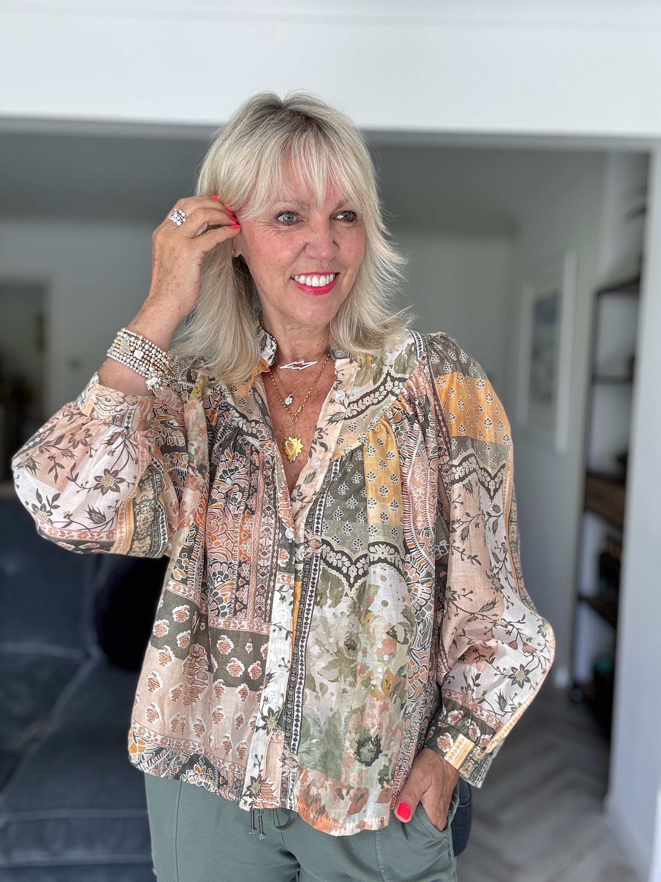 Patchwork Shirt in Khaki & Coral