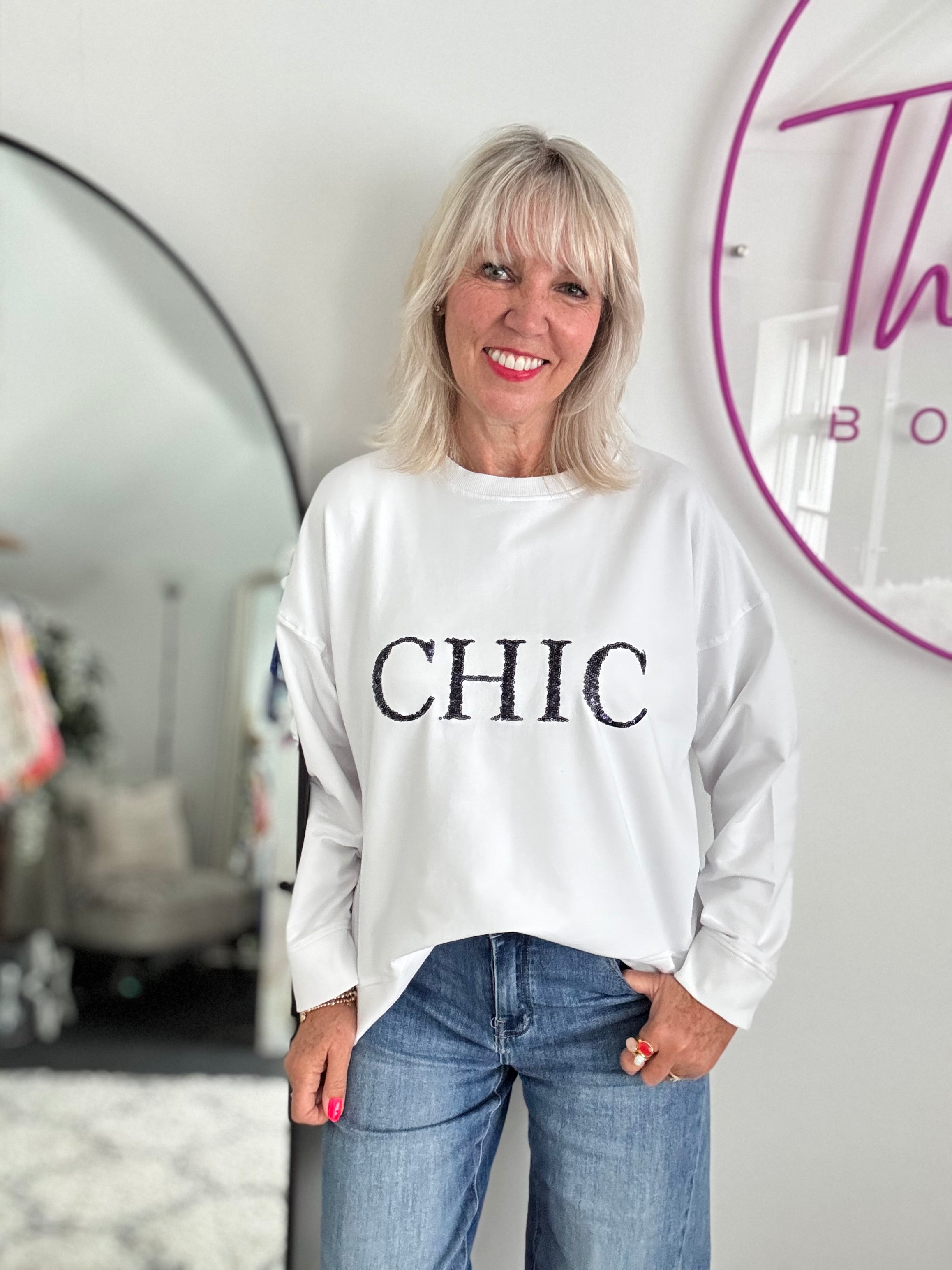 Chic Sequin Sweatshirt in White