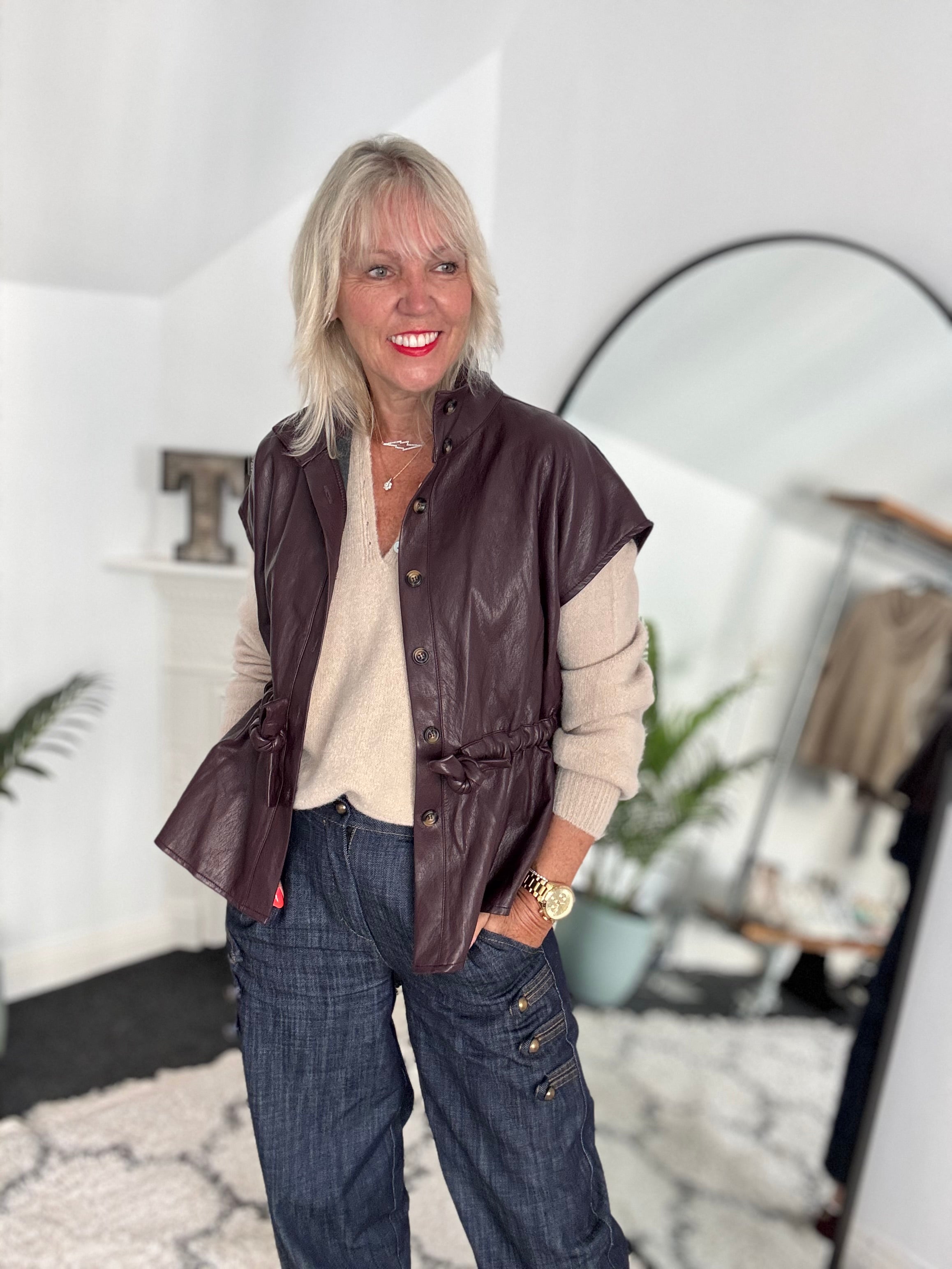 Designer Leather Gilet in Plum