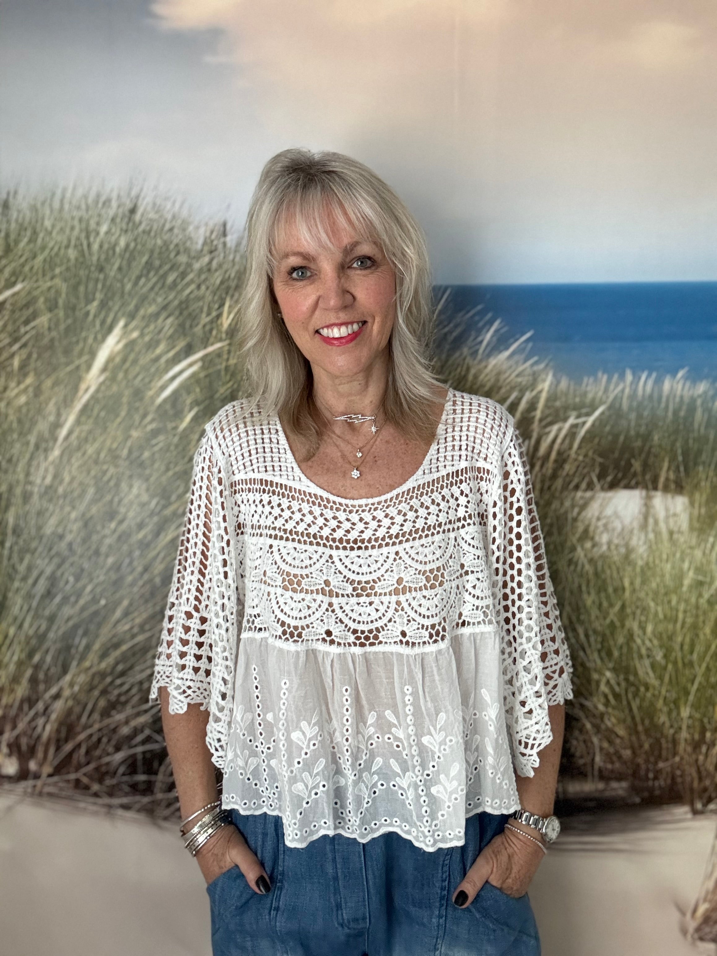 Crochet Scoop Neck Top in White