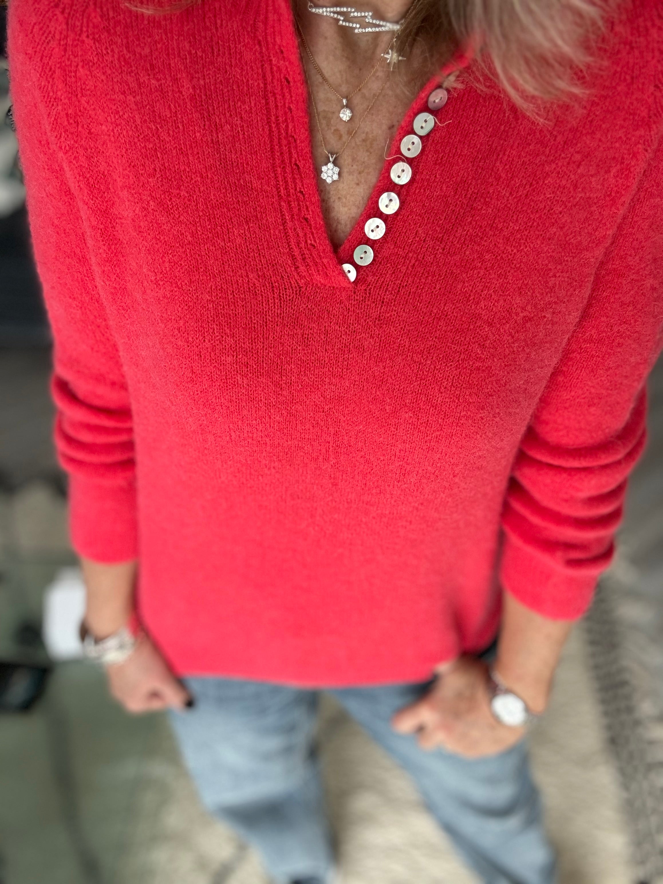 Softie Jumper with Button Neck in Coral Red