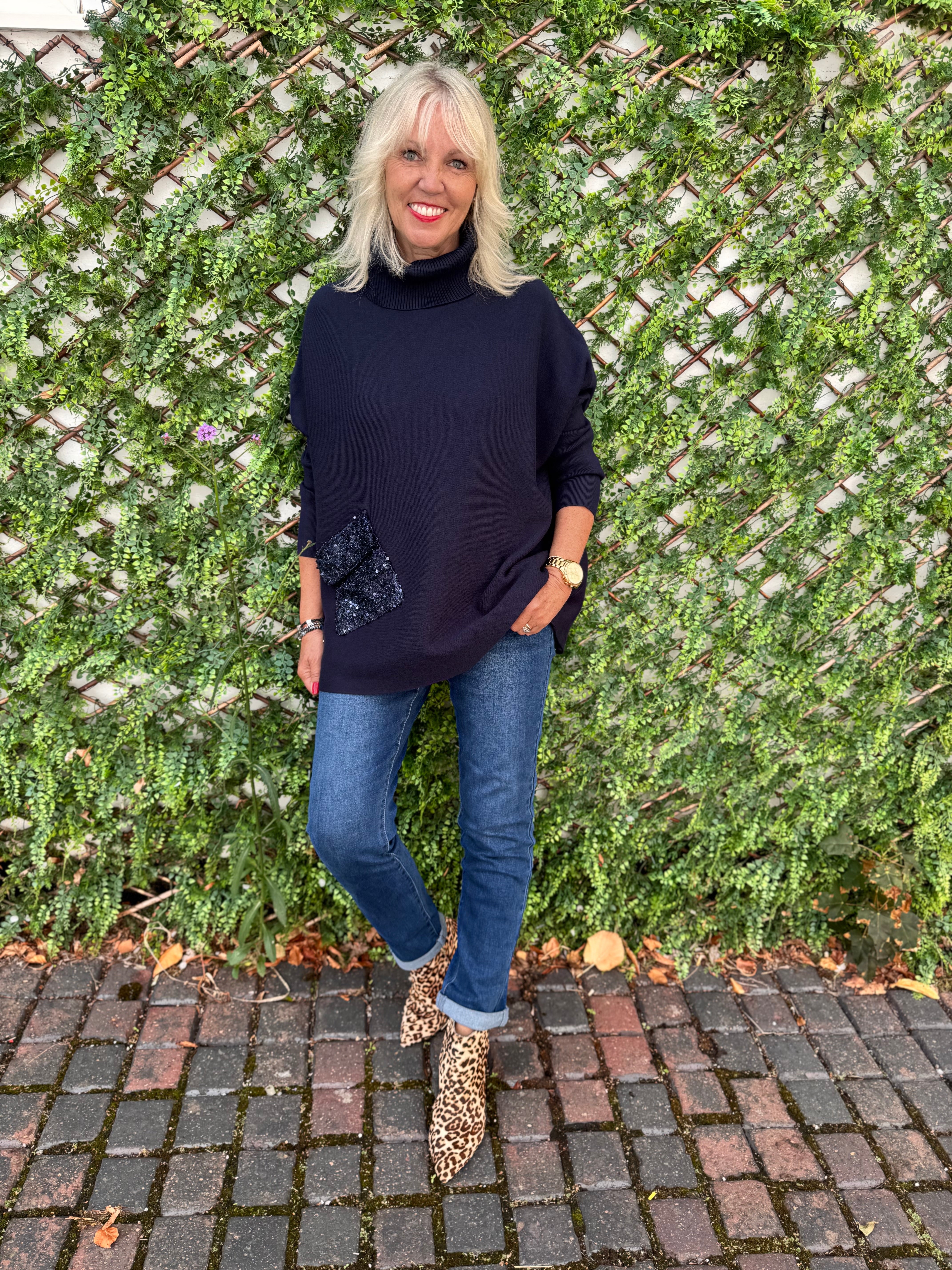 Oversized Roll Neck Poncho Jumper in Ink
