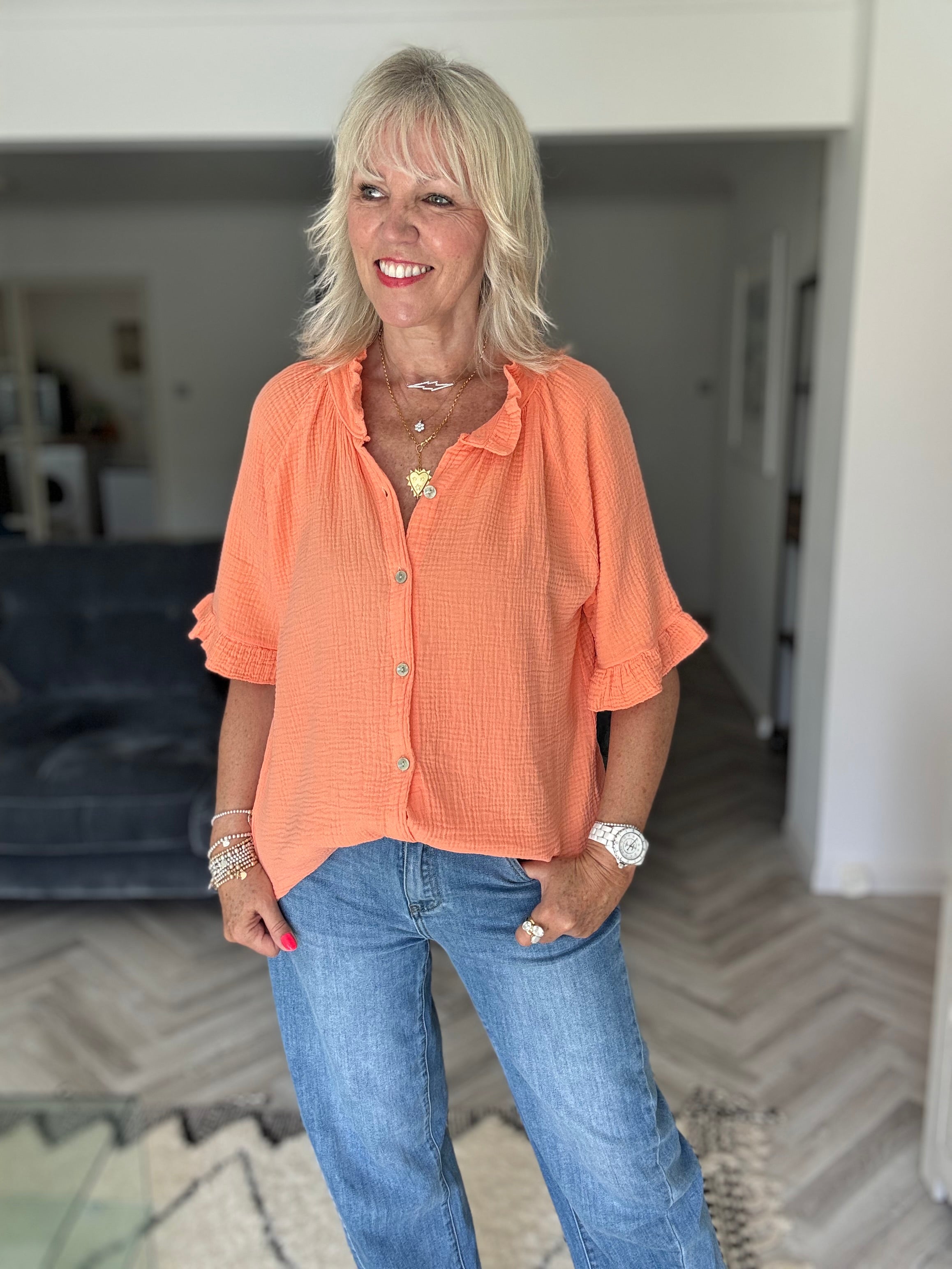 Short Sleeve Cheesecloth Shirt in Tangerine