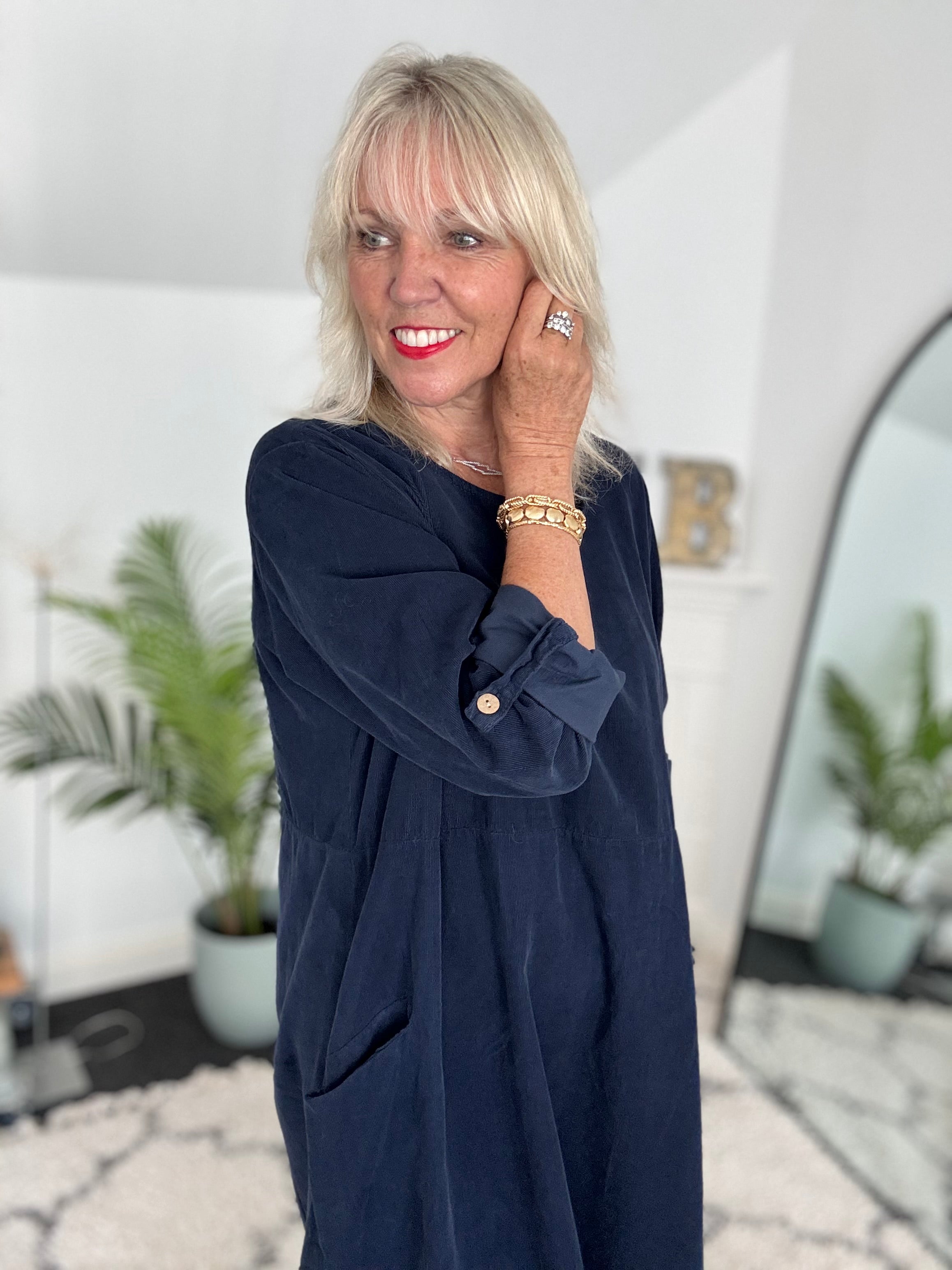 Fine Cord Cocoon Dress in Navy