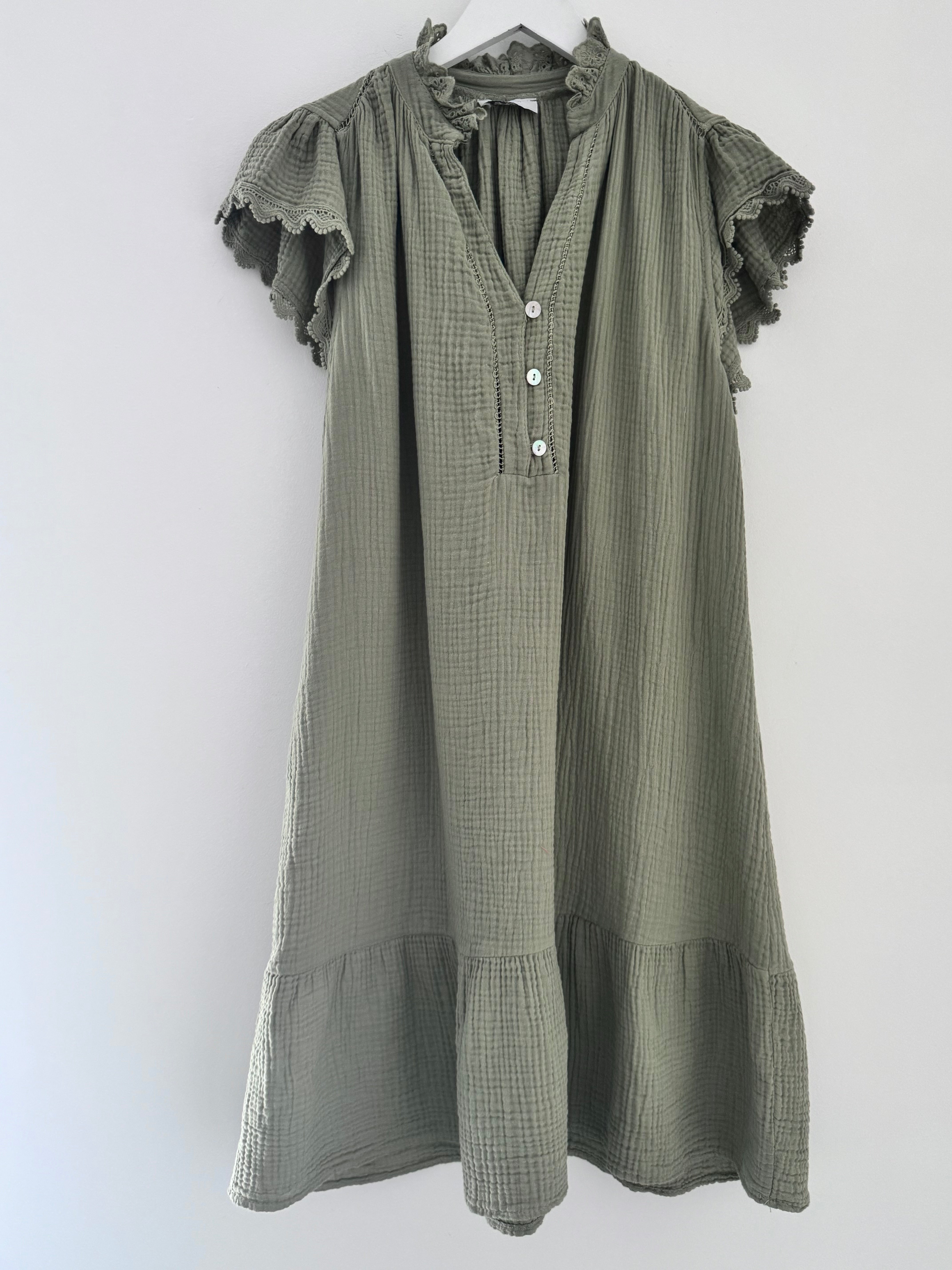Cheesecloth Dress with Lace Edge Sleeves in Khaki