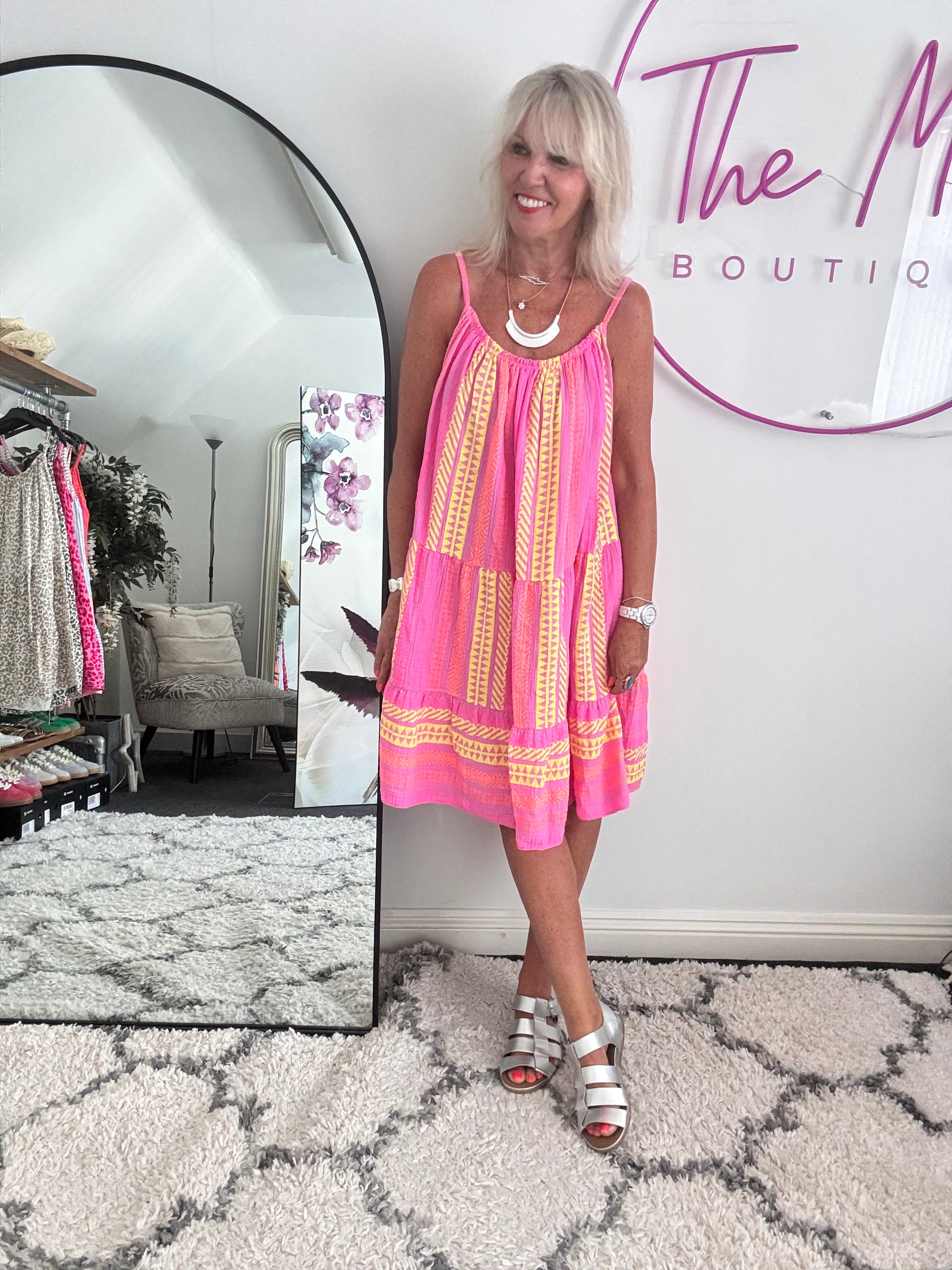 Aztec Cheesecloth Dress in Candy Pink