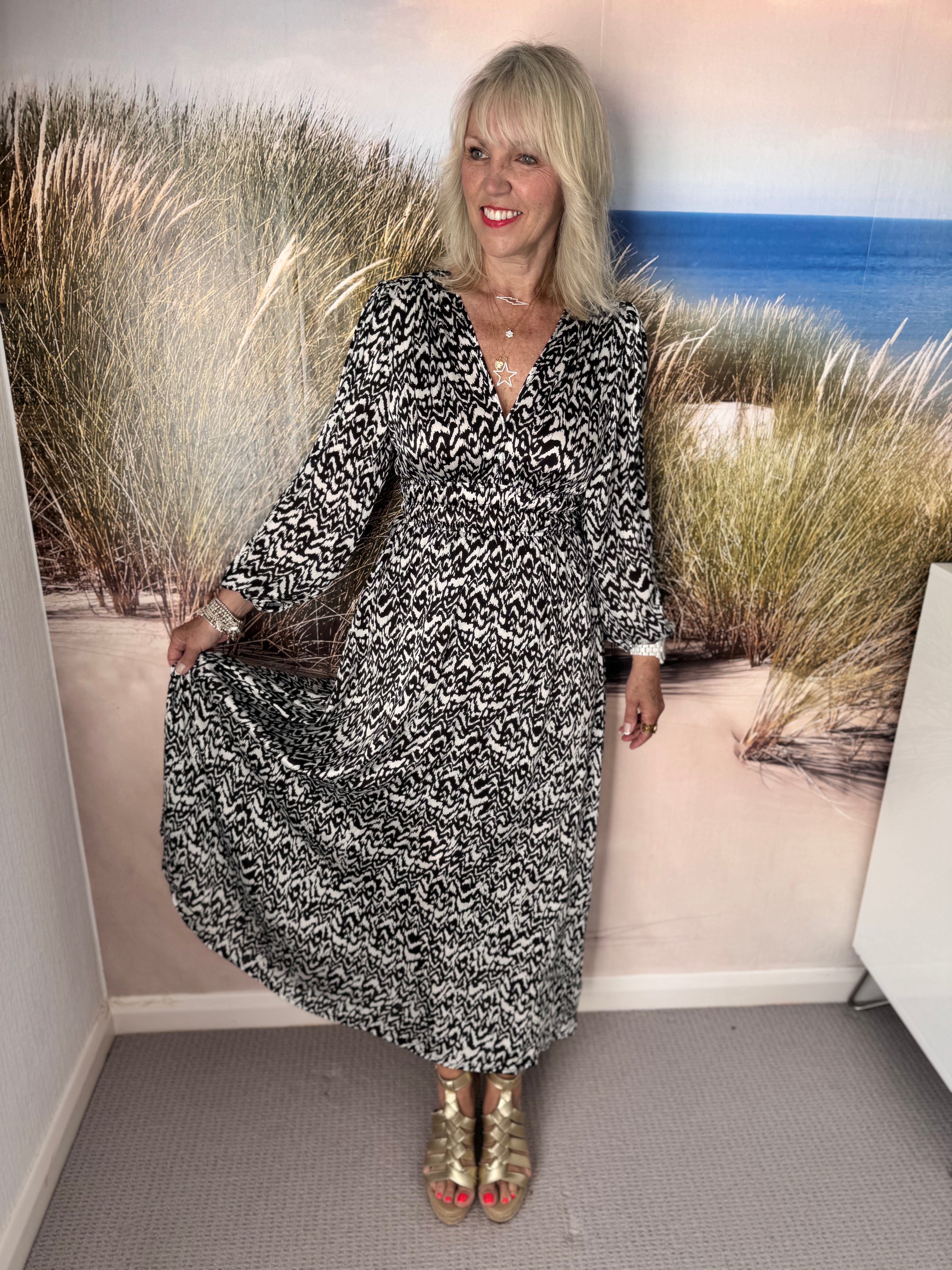 Luxe Silky Print Dress in Black & White