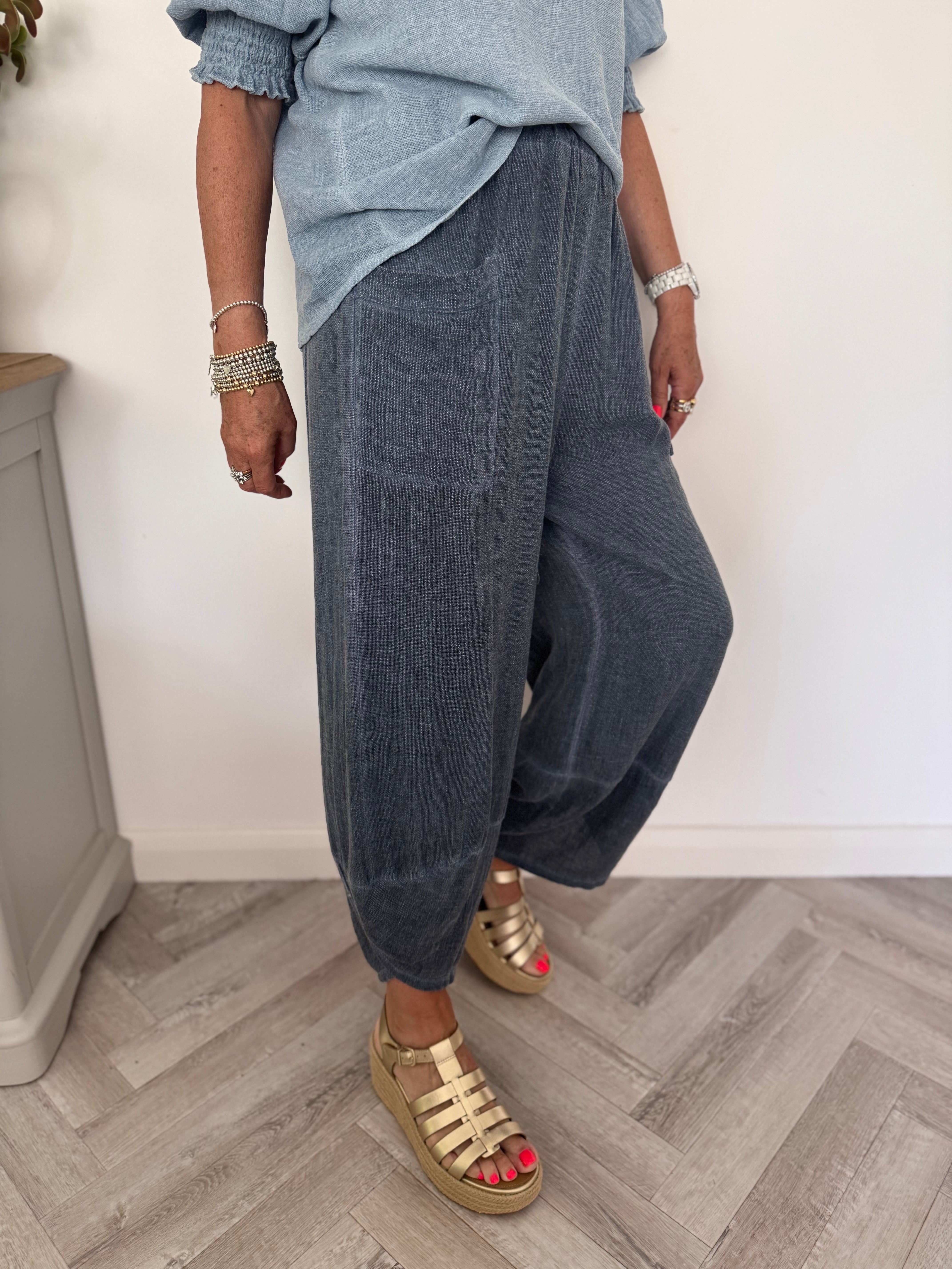 Linen & Cotton Barrel Trousers in Blue