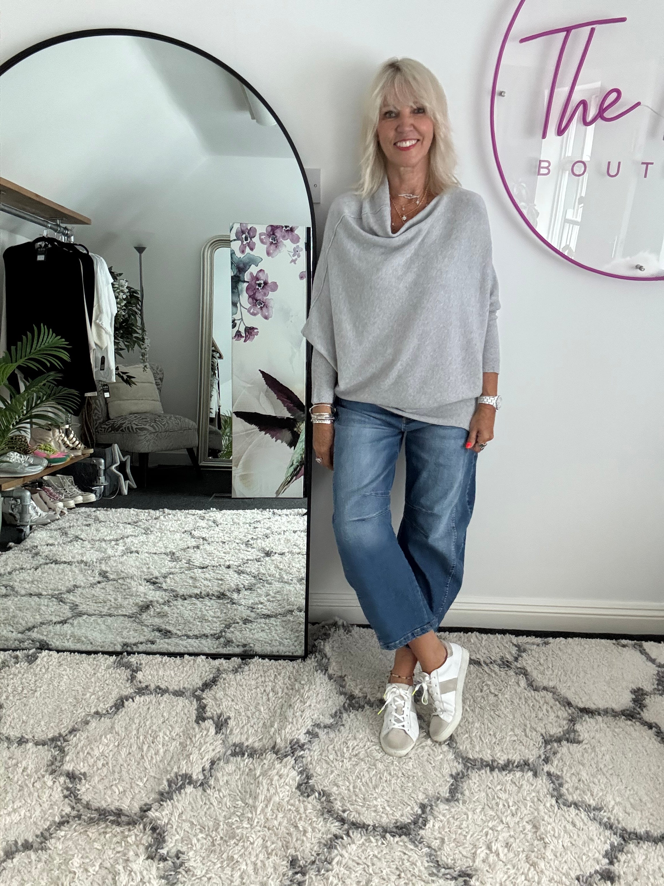 Cowl Neck Asymmetric Jumper in Light Grey