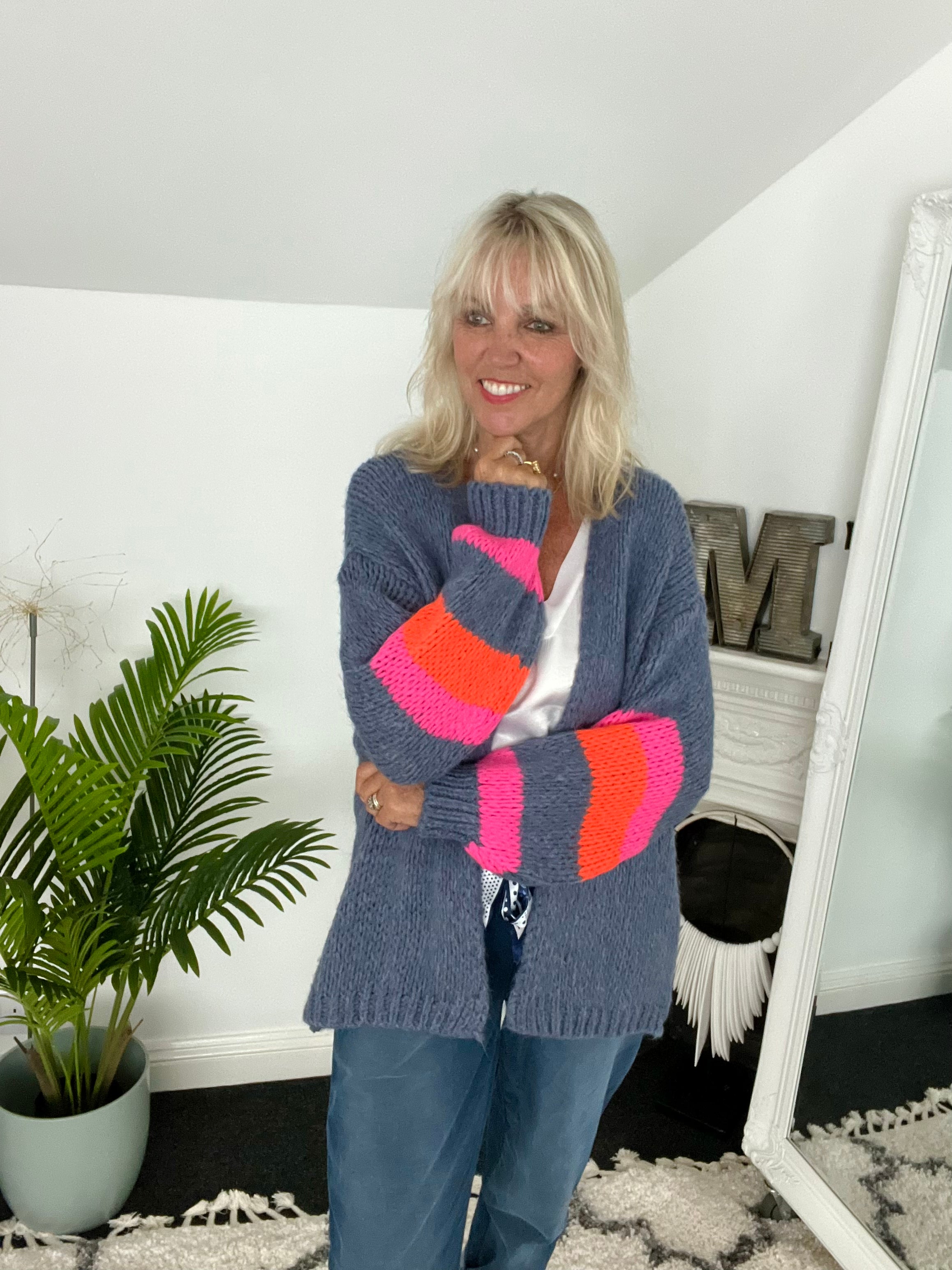 Luxe Cardi with Stripe Sleeves in Denim Blue