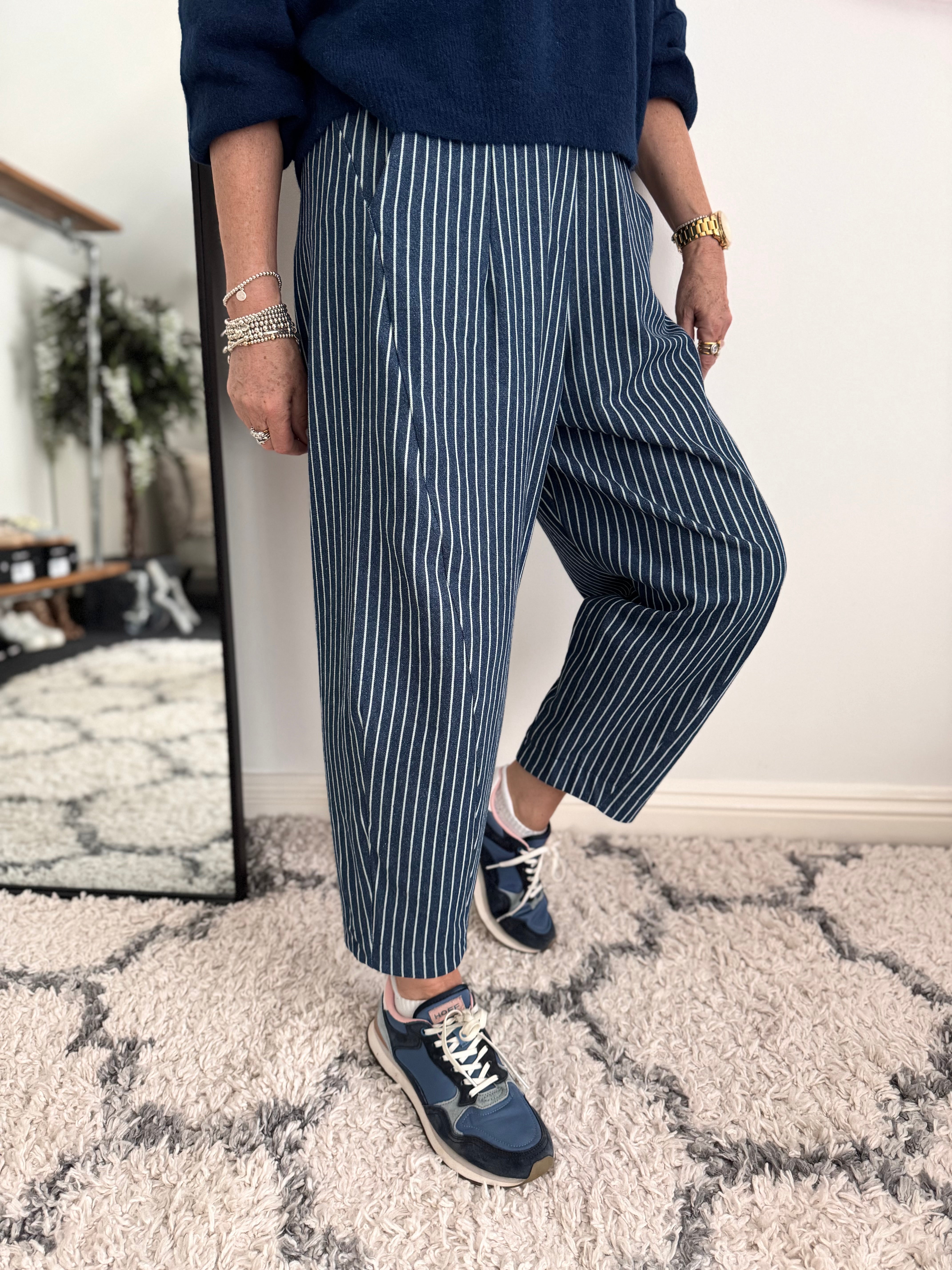 Stripe Barrel Leg Trousers in Denim Blue