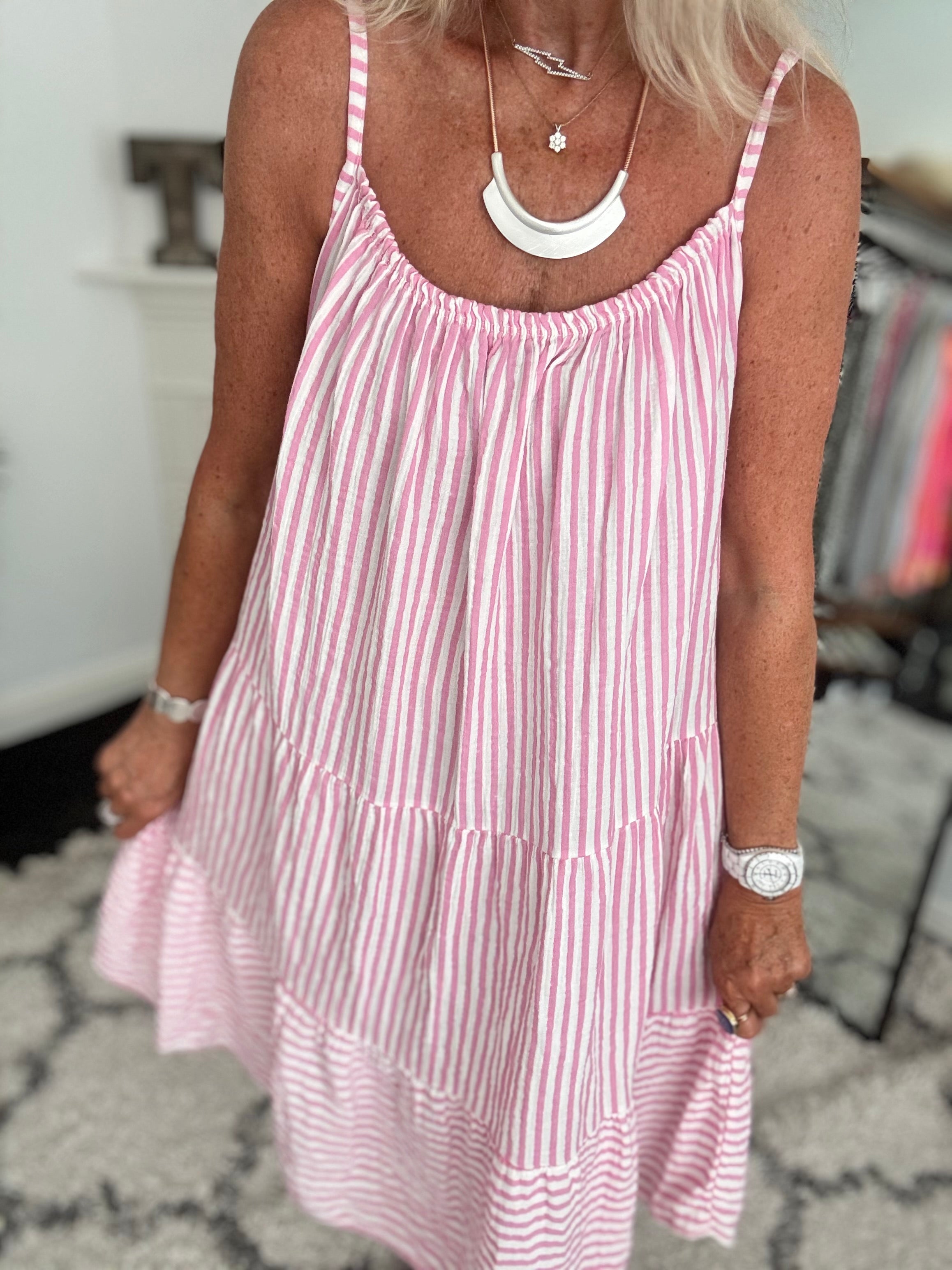 Stripe Cheesecloth Dress in Pink & White