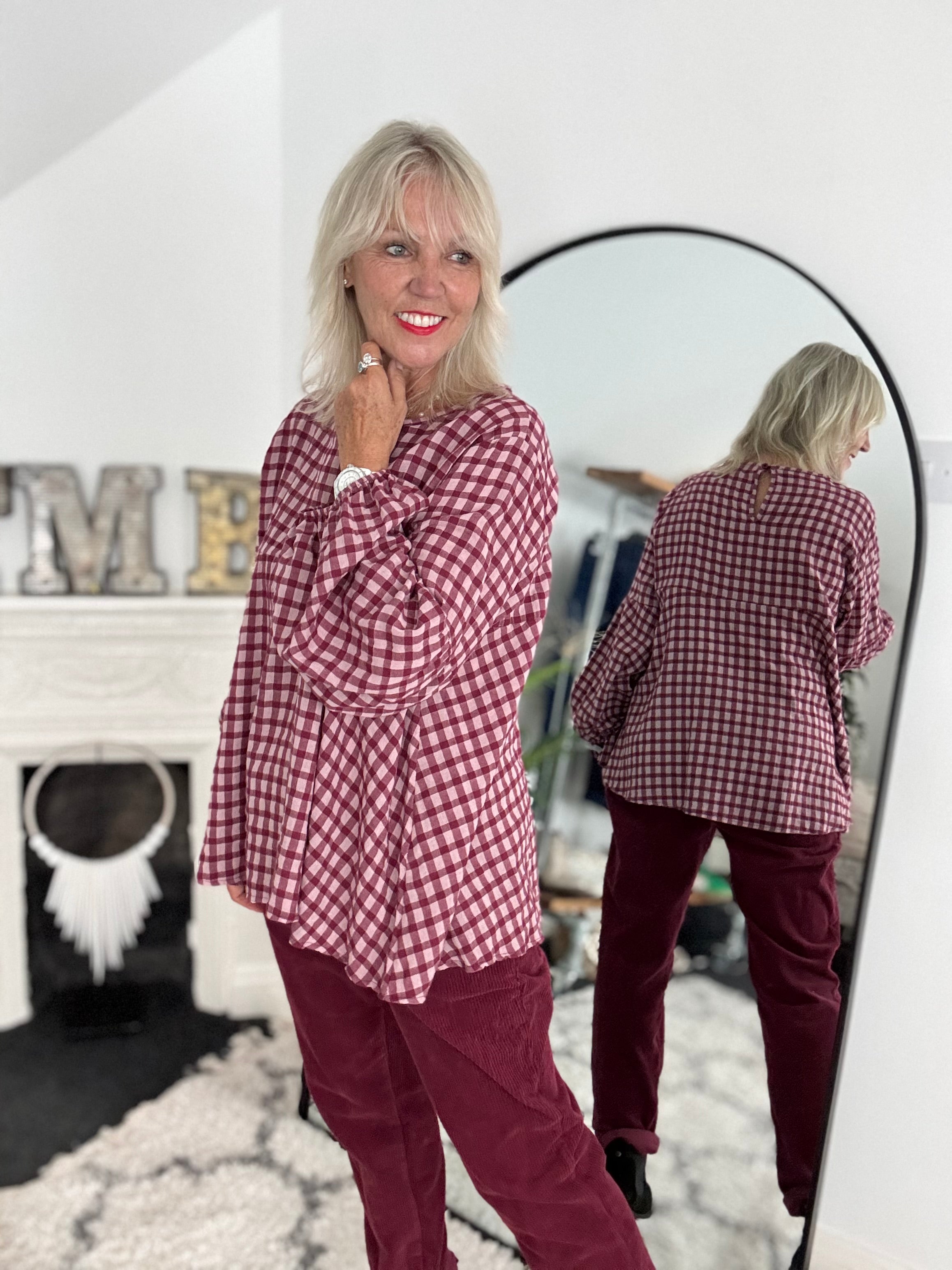 Oversized Check Top in Berry