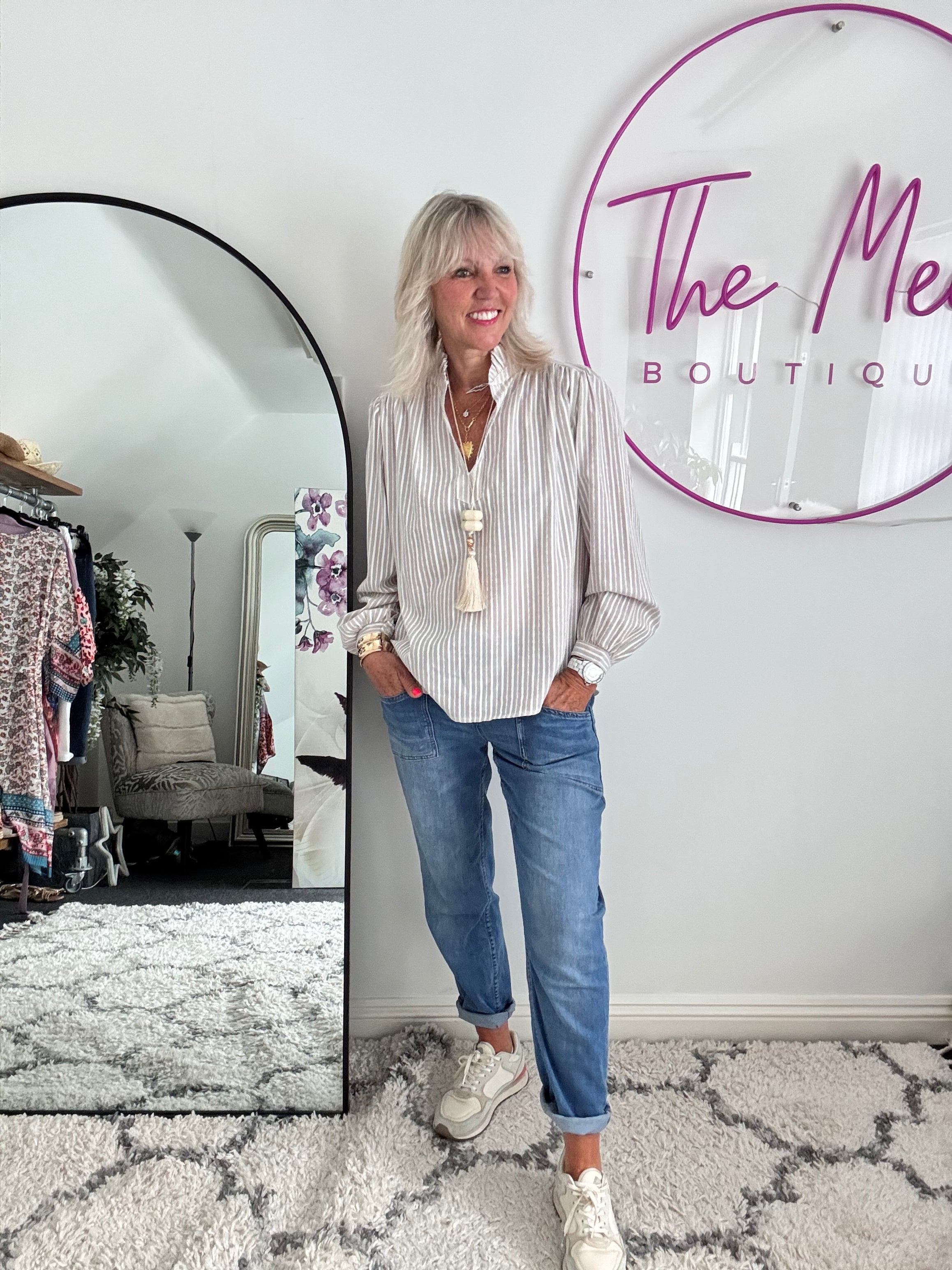 Fresh Cotton Blouse in Stone & White Stripes