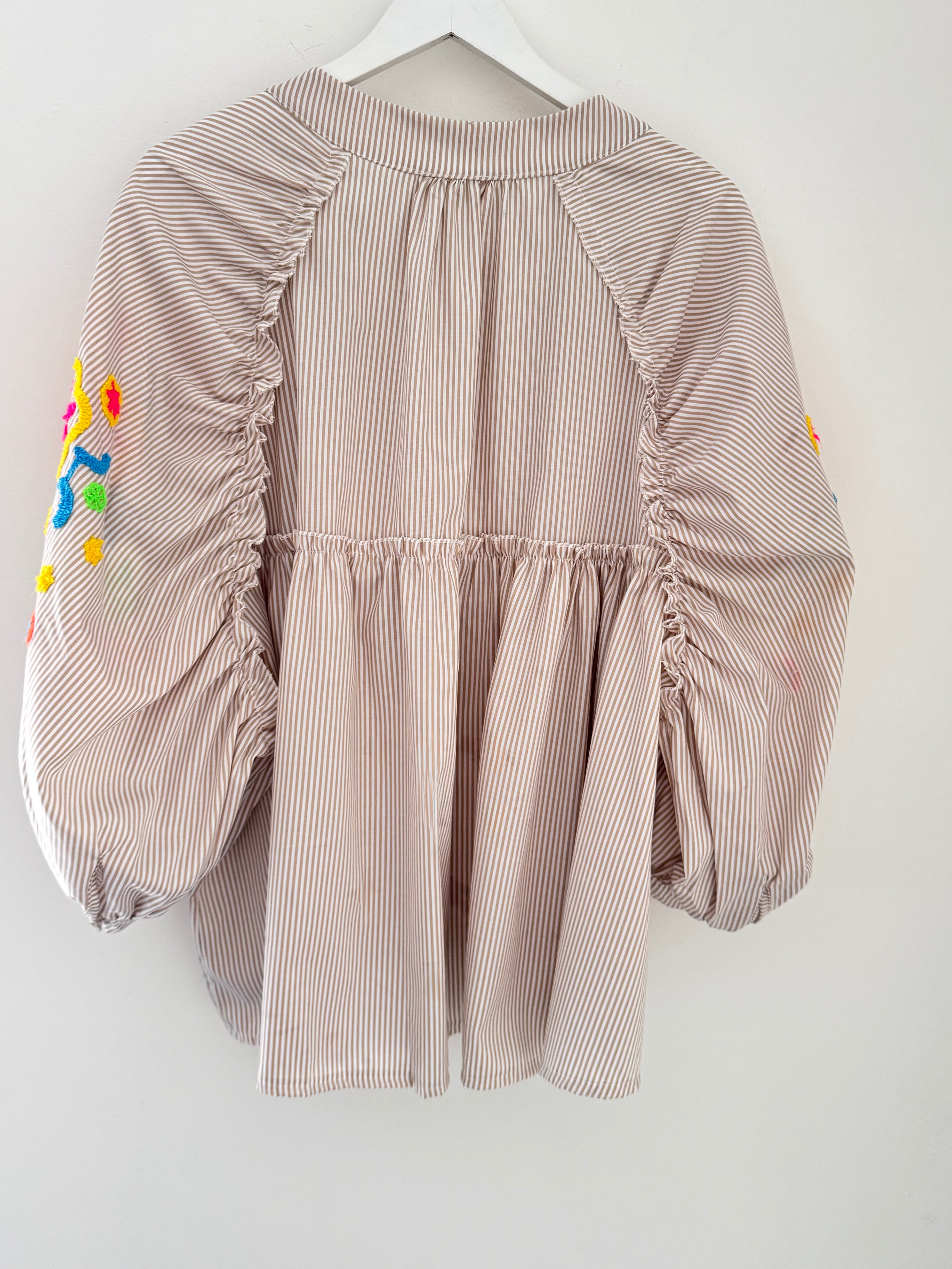 Designer Stripe Shirt with Neon Embroidered Sleeves in Stone